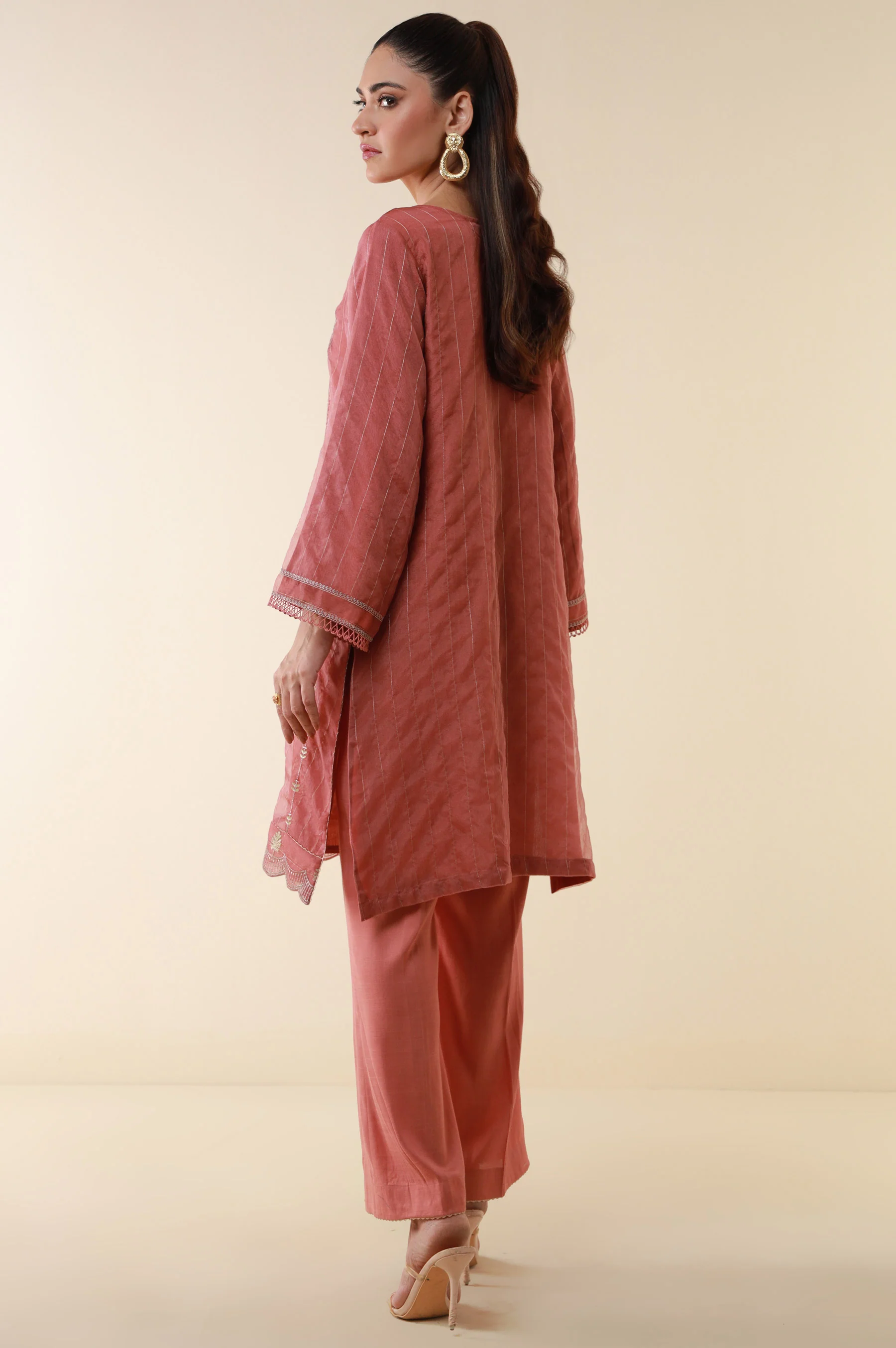 Stitched 2 Piece Embroidered Zari Line Organza Suit - Image 5