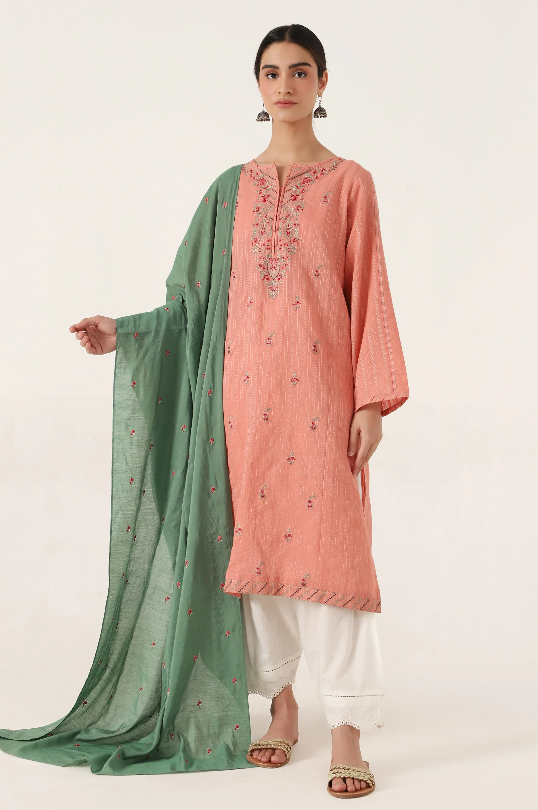 Stitched 2 Piece Embroidered Zari Line Shirt & Dupatta - Image 2