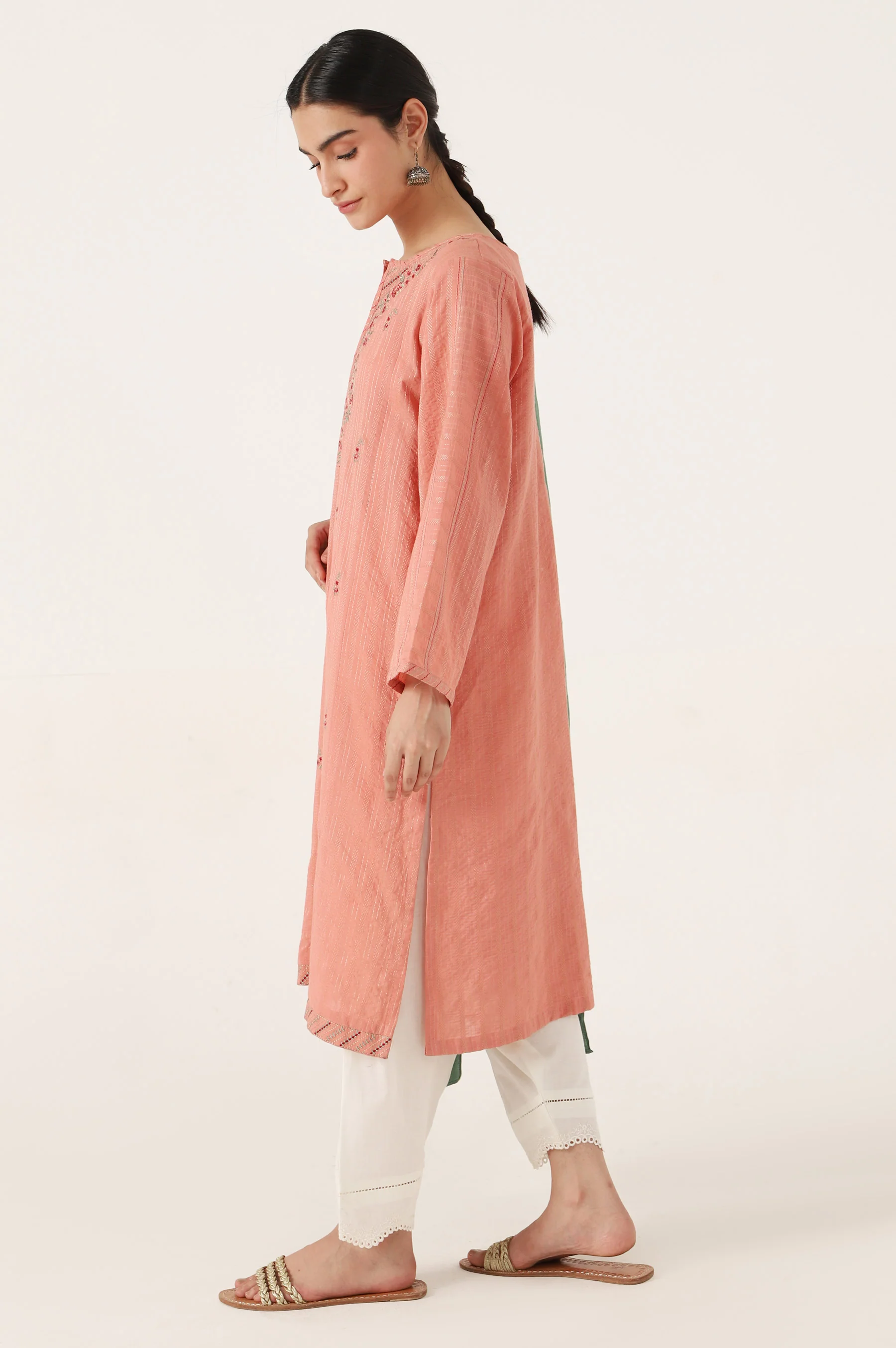 Stitched 2 Piece Embroidered Zari Line Shirt & Dupatta - Image 4