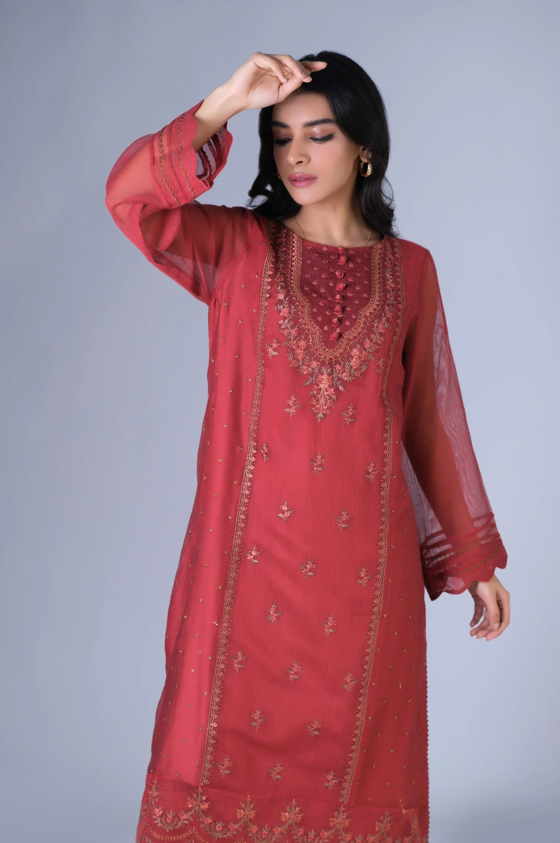 Stitched 2 Piece Khadi Net Embroidered Outfit - Image 4