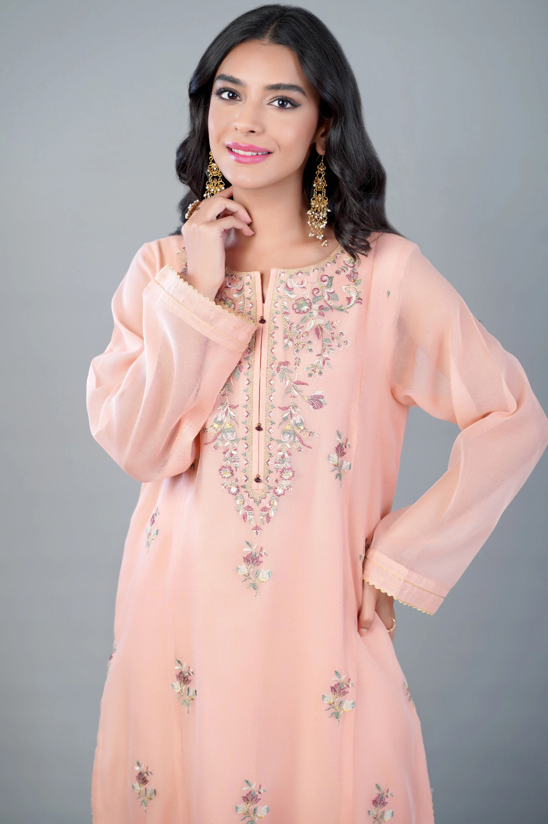 Stitched 2 Piece Khaddi Net Embroidered Outfit