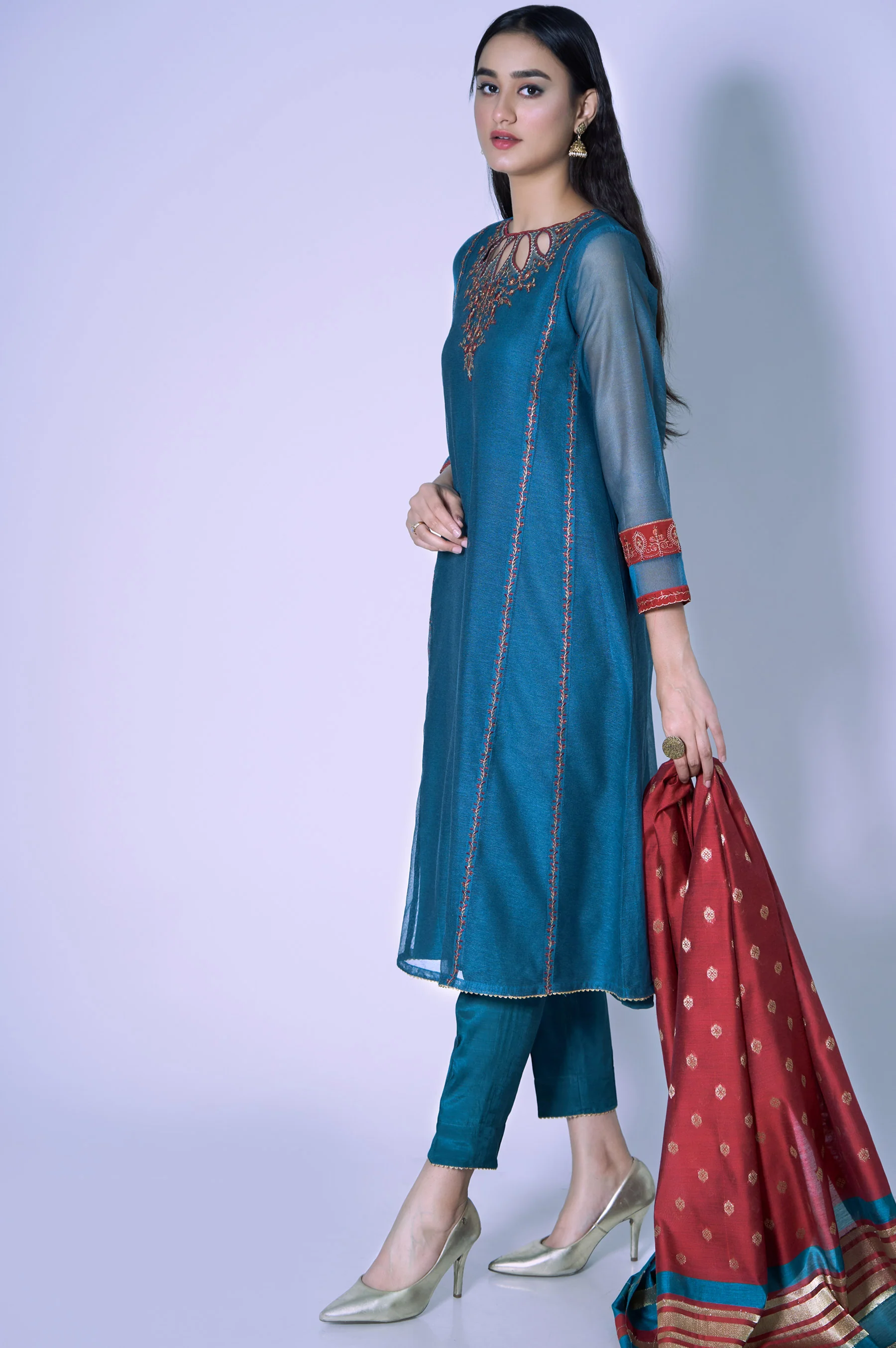Stitched 2 Piece Khaddi Net Embroidered Shirt & Dupatta - Image 2