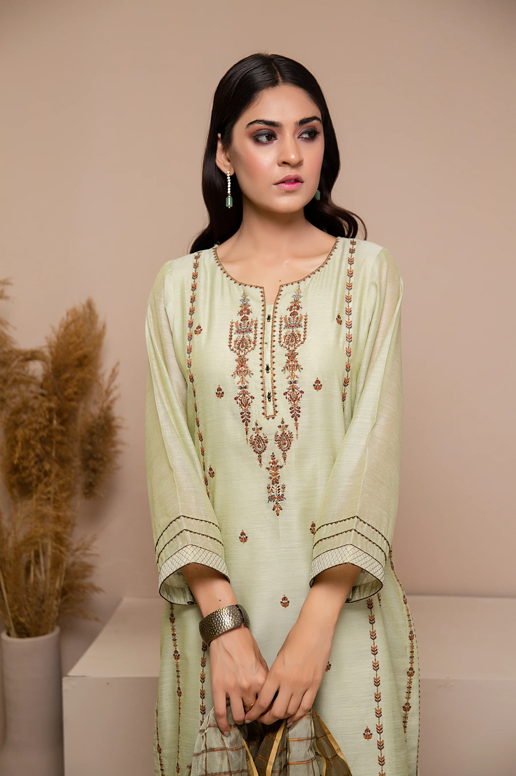 Stitched 2 Piece Paper Silk Embroidered Shirt with Organza Dupatta - Image 2