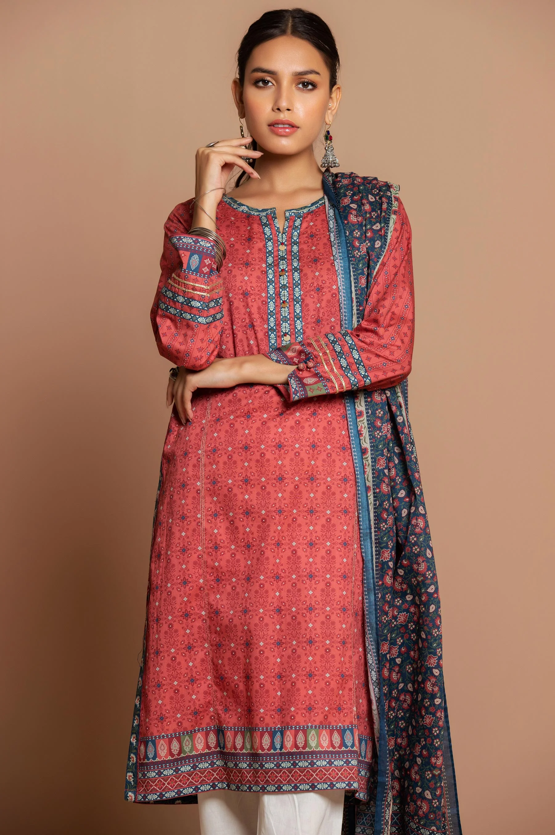 Stitched 2 Piece Printed Cambric Suit - Image 2