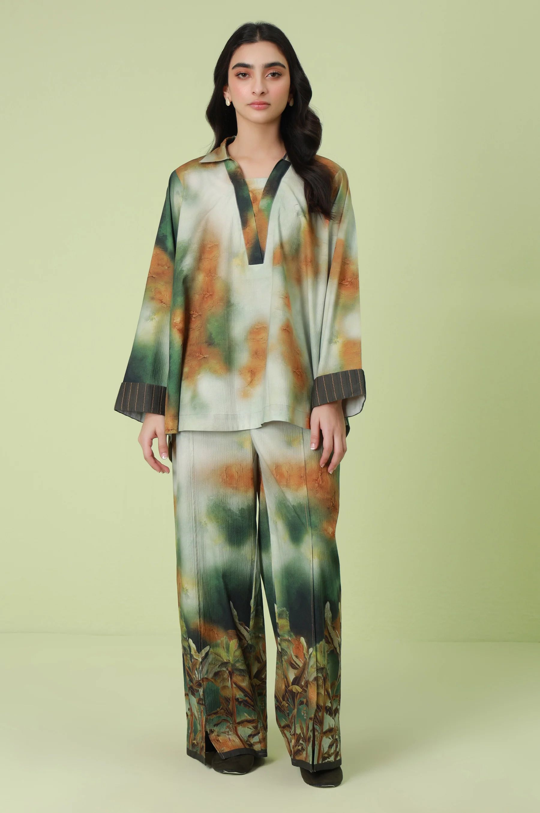 Stitched 2 Piece Digital Printed Ripple Crinkle Co-Ord Set
