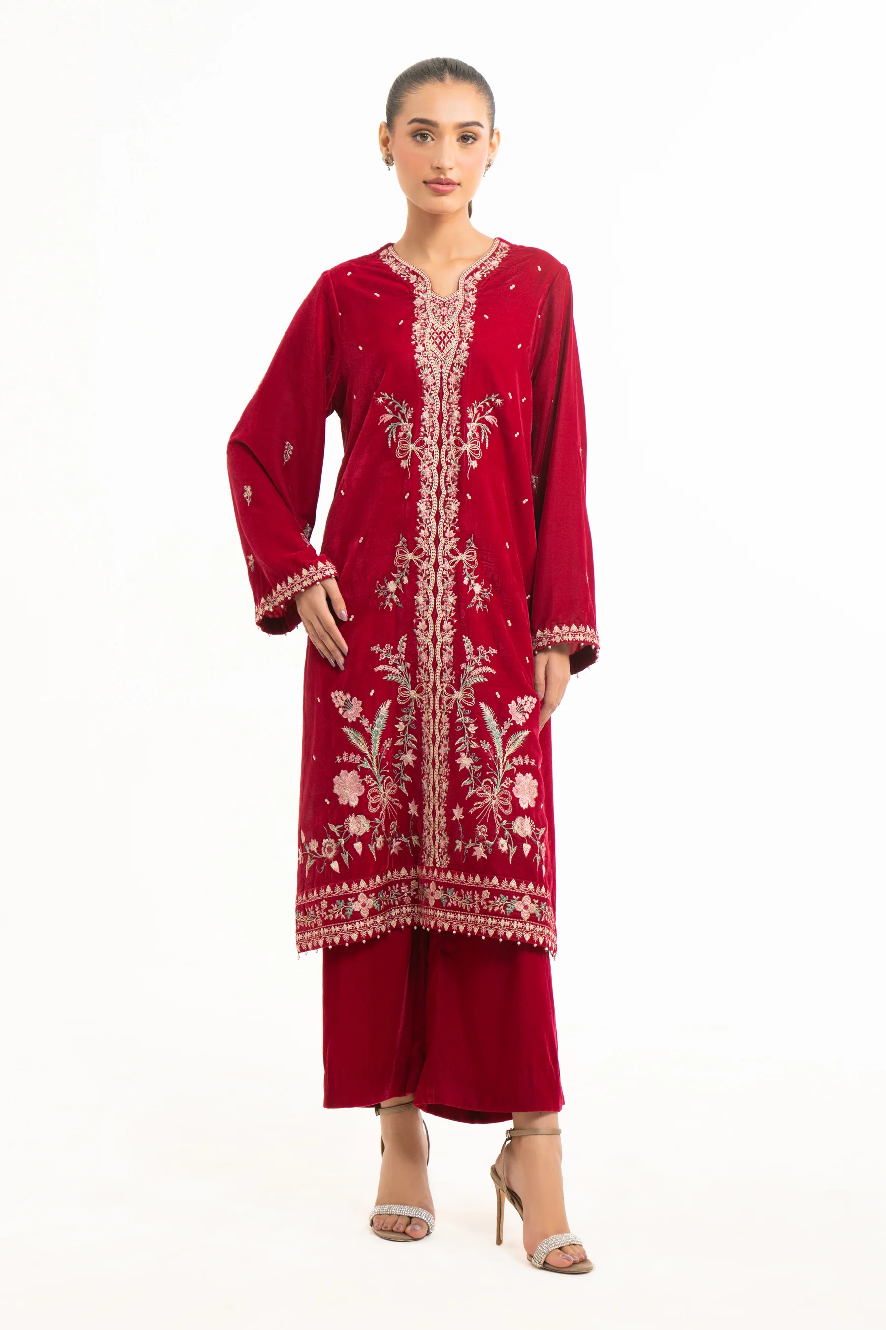 STITCHED EMBROIDERED VELVET SHIRT BOTTOM