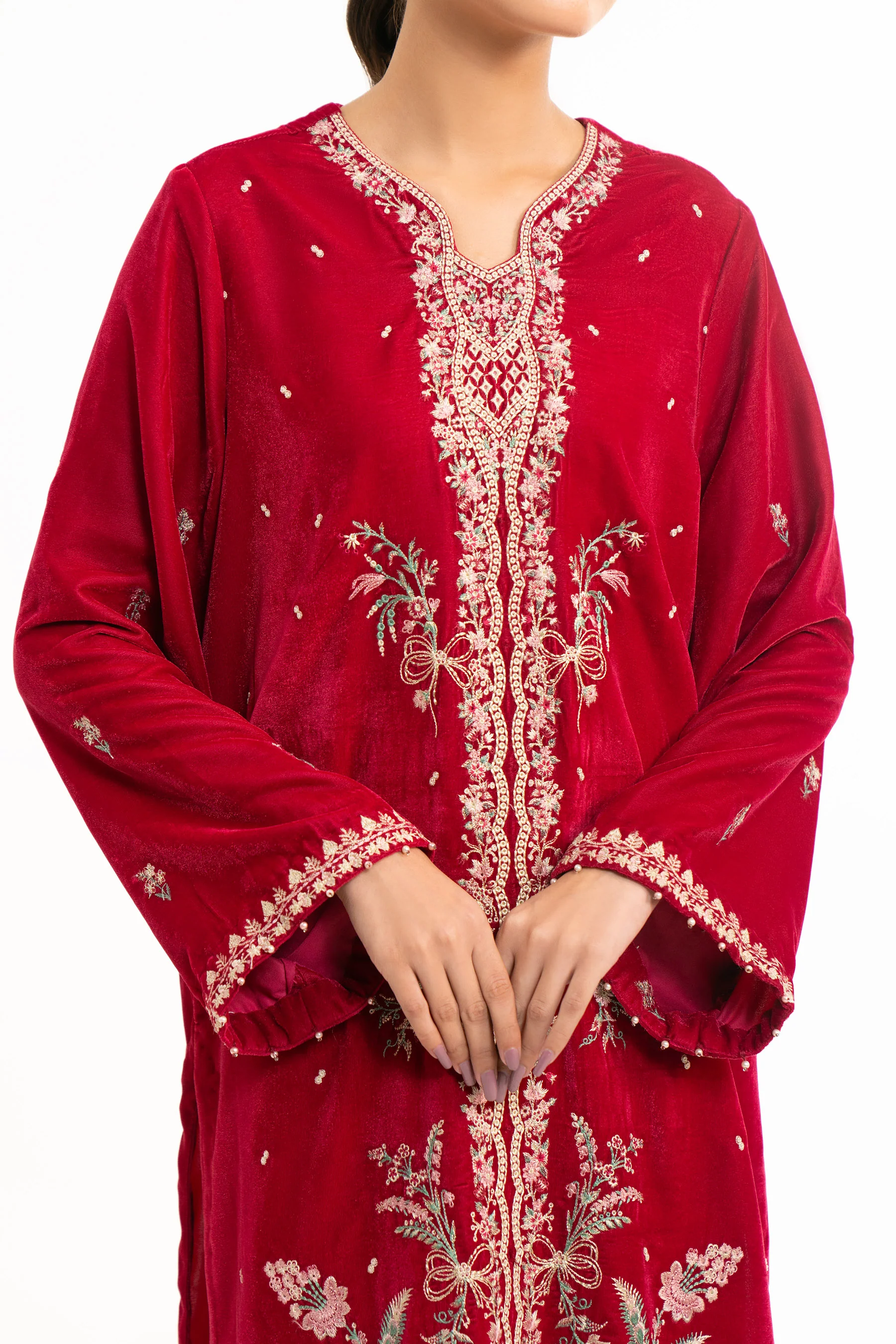STITCHED EMBROIDERED VELVET SHIRT BOTTOM - Image 2