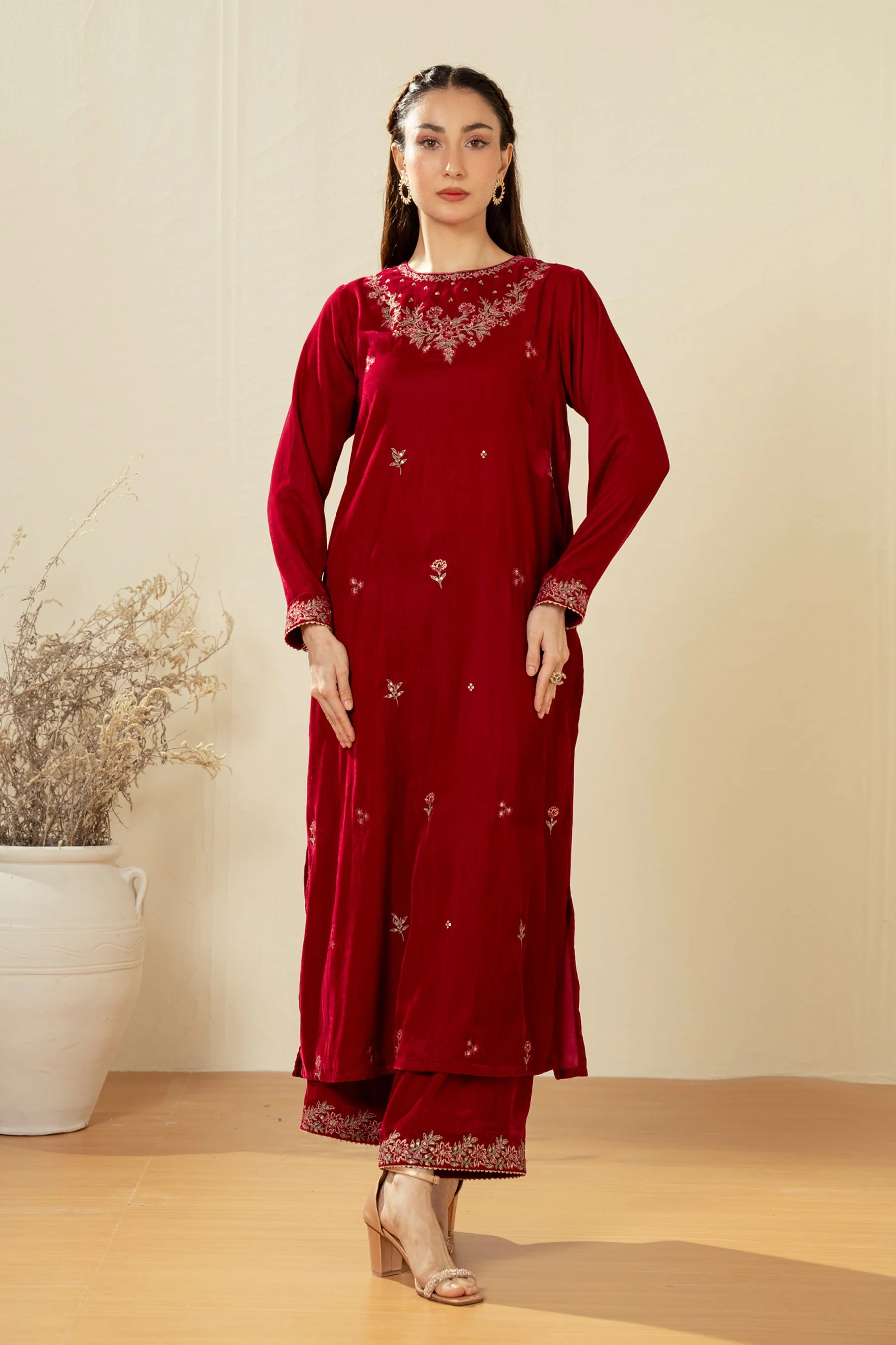 STITCHED EMBROIDERED VELVET VELVET SHIRT BOTTOM (FACTORY E-OUTLET)