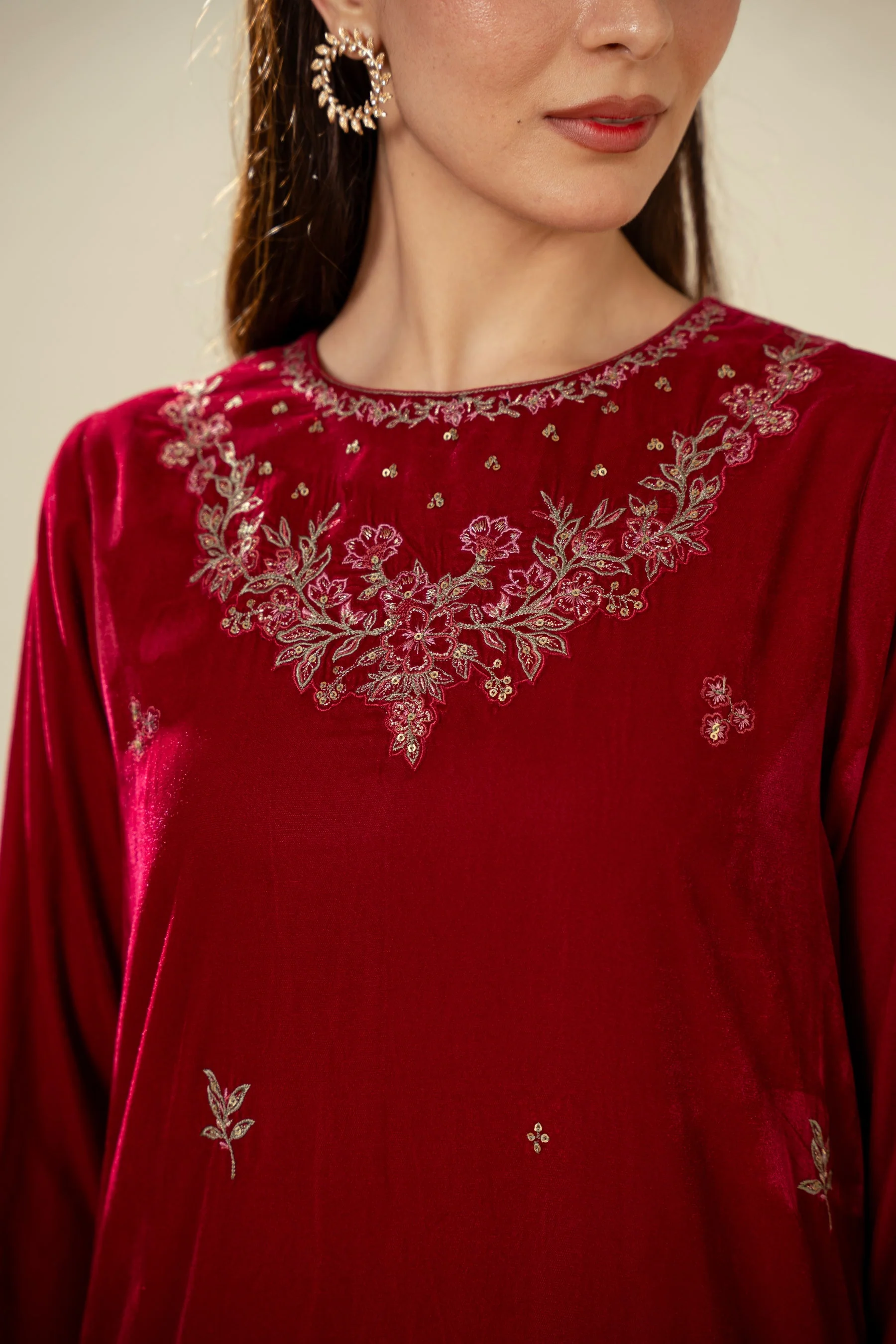 STITCHED EMBROIDERED VELVET VELVET SHIRT BOTTOM (FACTORY E-OUTLET) - Image 2