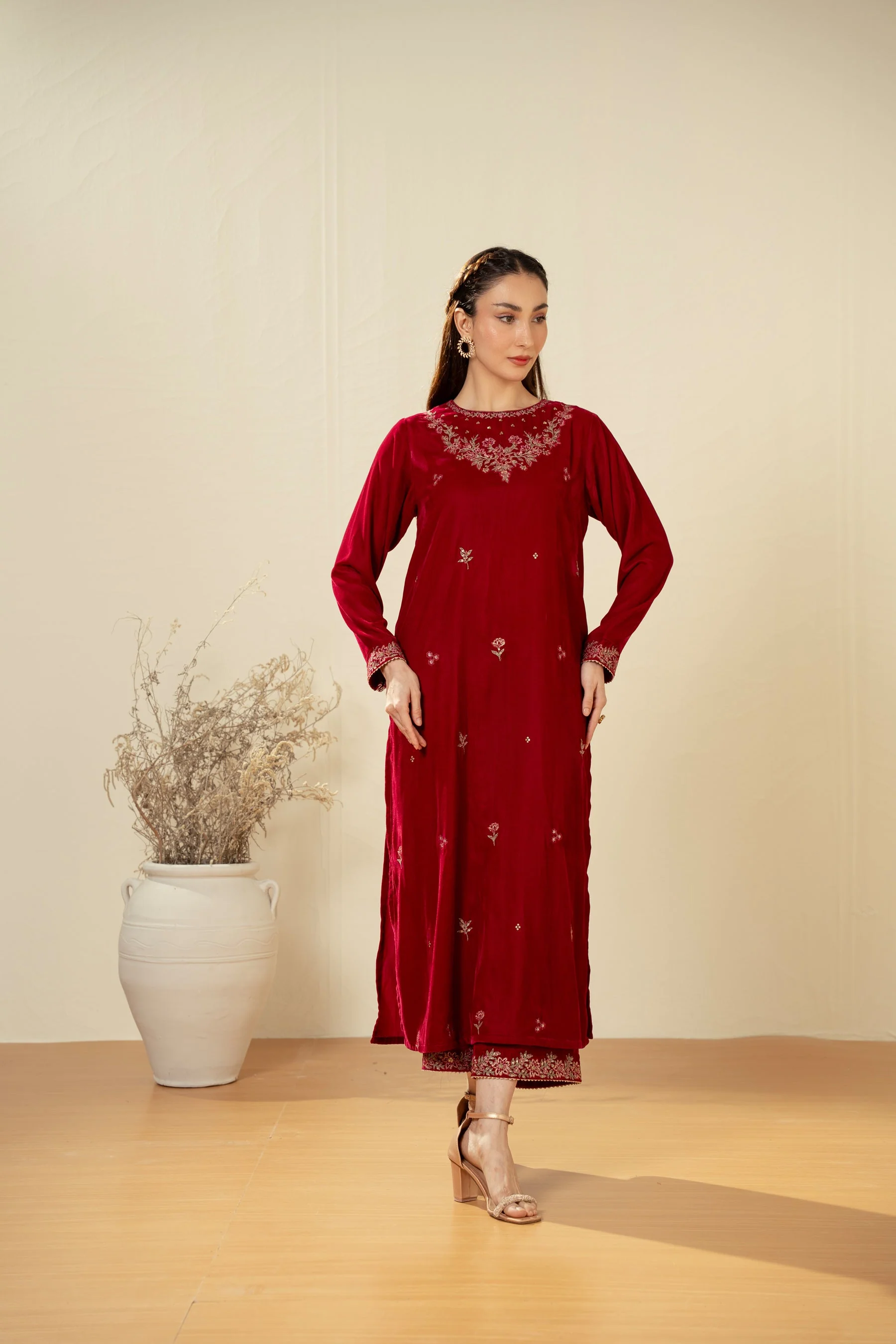 STITCHED EMBROIDERED VELVET VELVET SHIRT BOTTOM (FACTORY E-OUTLET) - Image 4