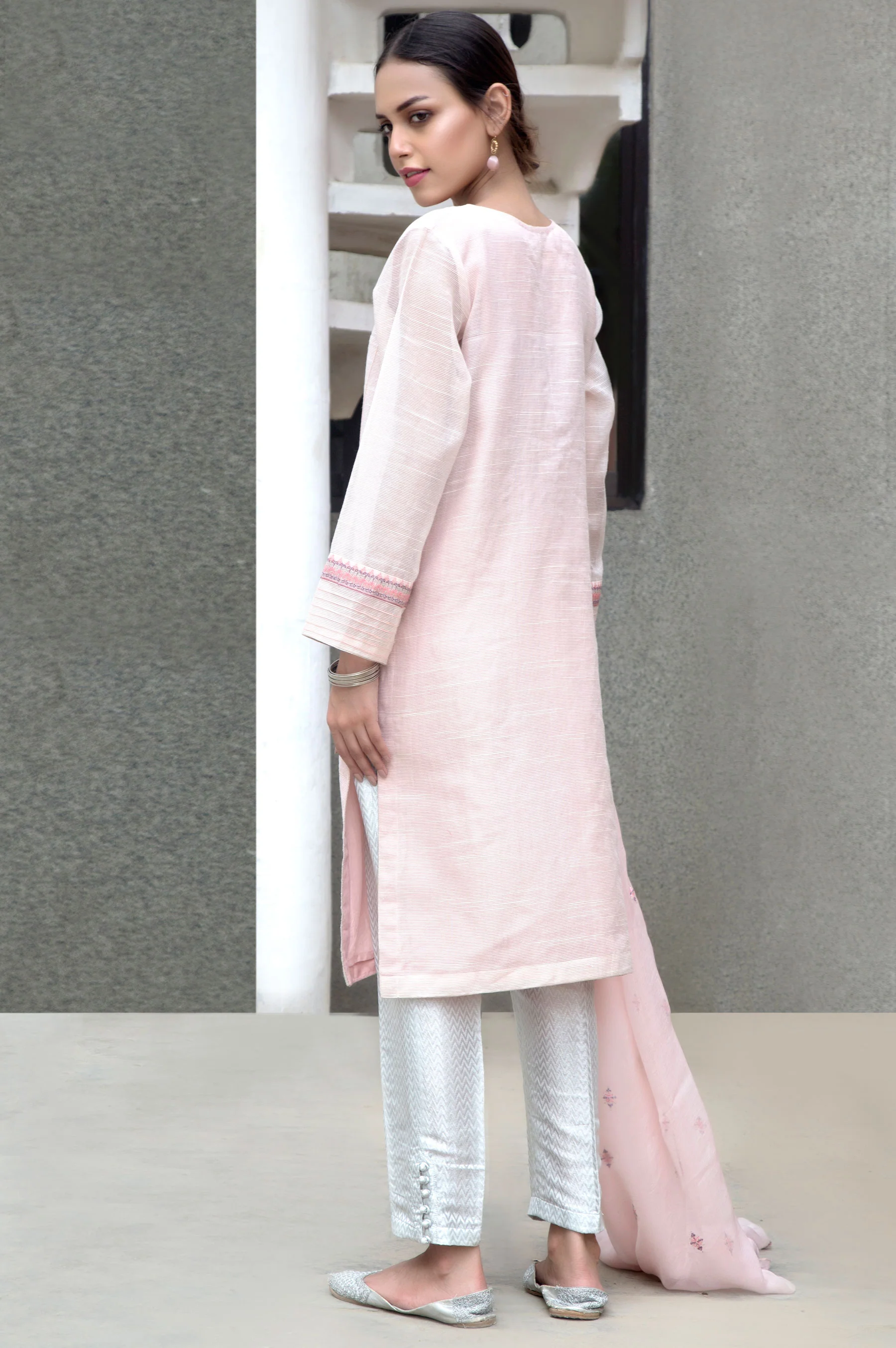 Stitched 2 Piece Slub Net Embroidered Suit - Image 2