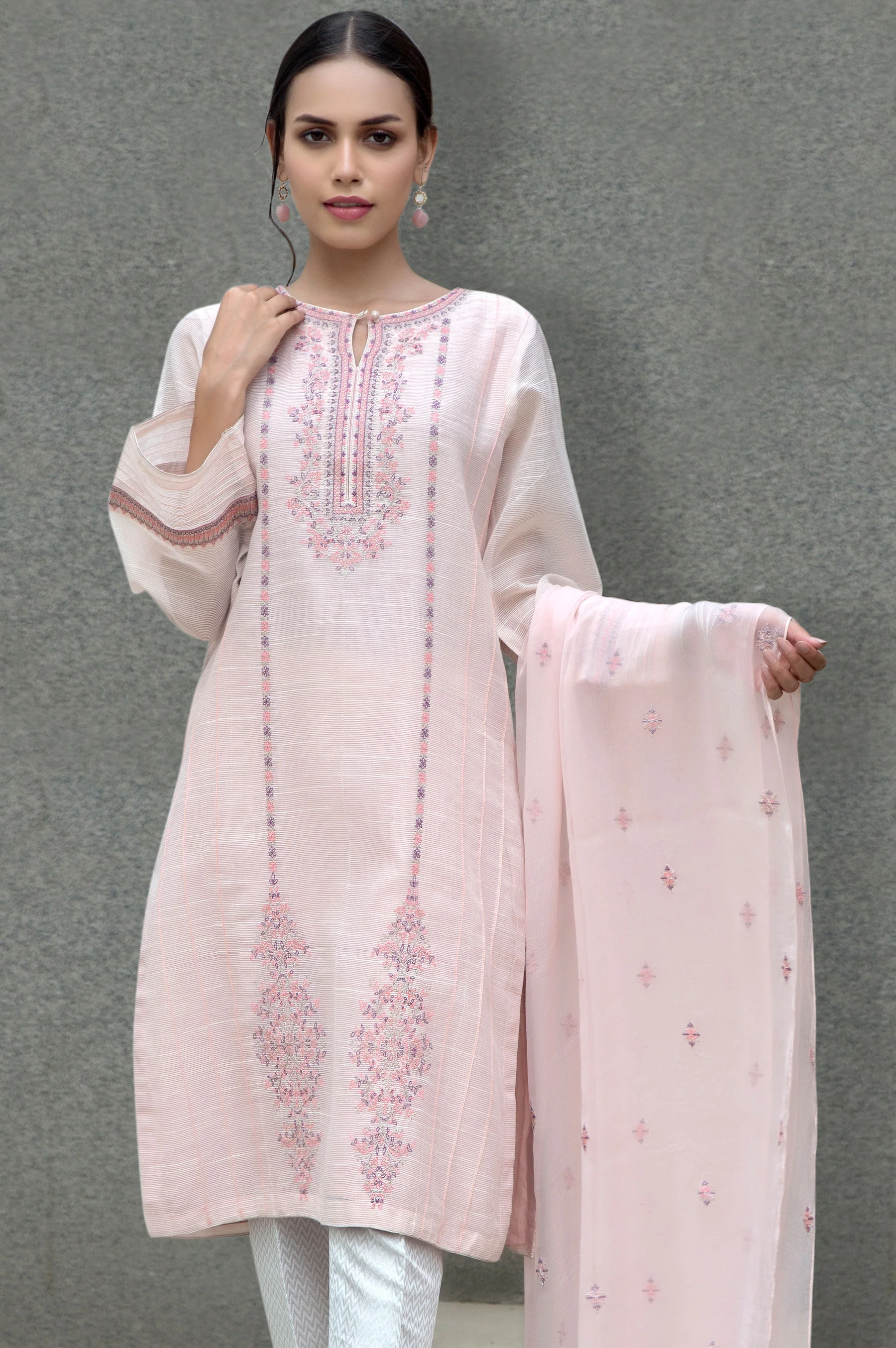 Stitched 2 Piece Slub Net Embroidered Suit - Image 3