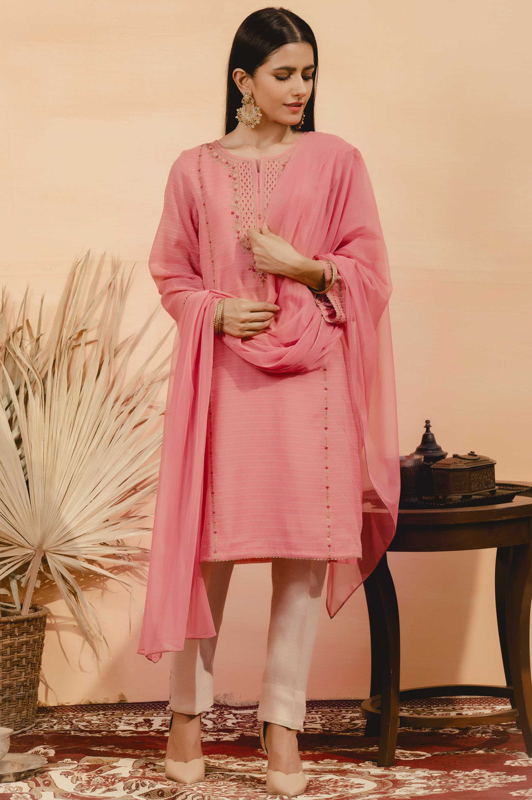 Stitched 2 Piece Striped Karandi Embroidered Suit - Image 4