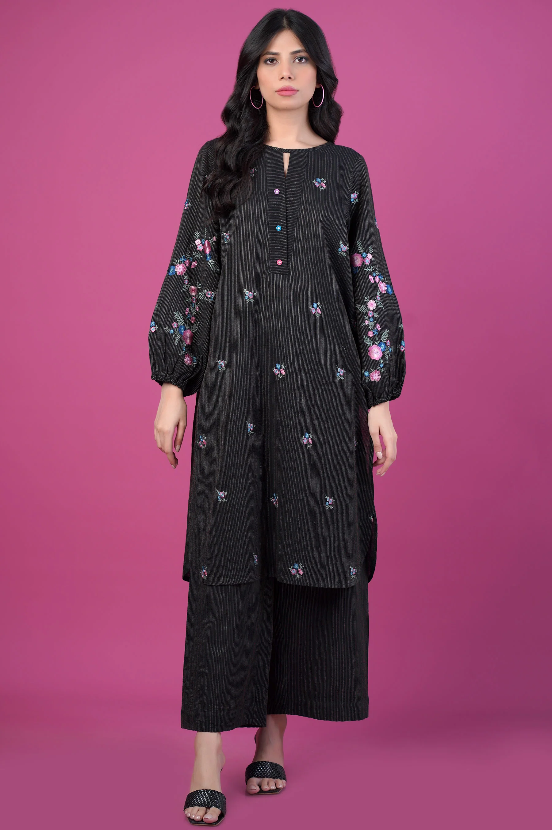 Stitched 2 Piece Embroidered Striped Doria Suit - Image 2