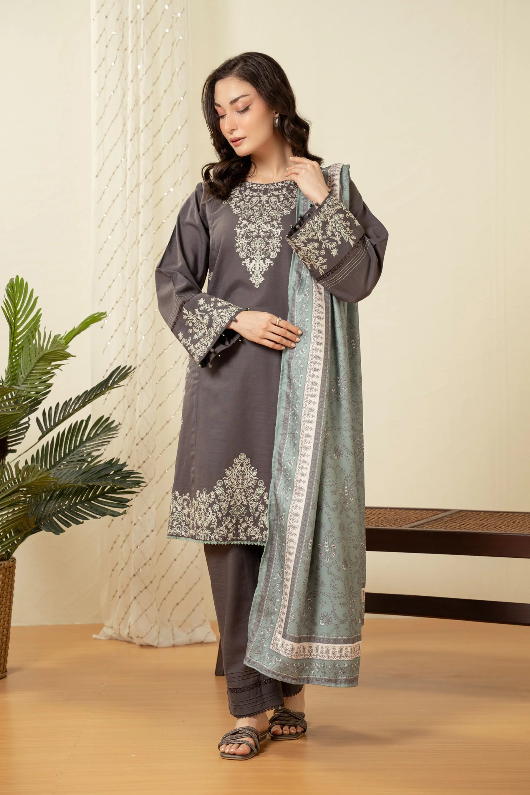 EMBROIDERED KHADDAR STITCHED SHIRT BOTTOM - Image 5