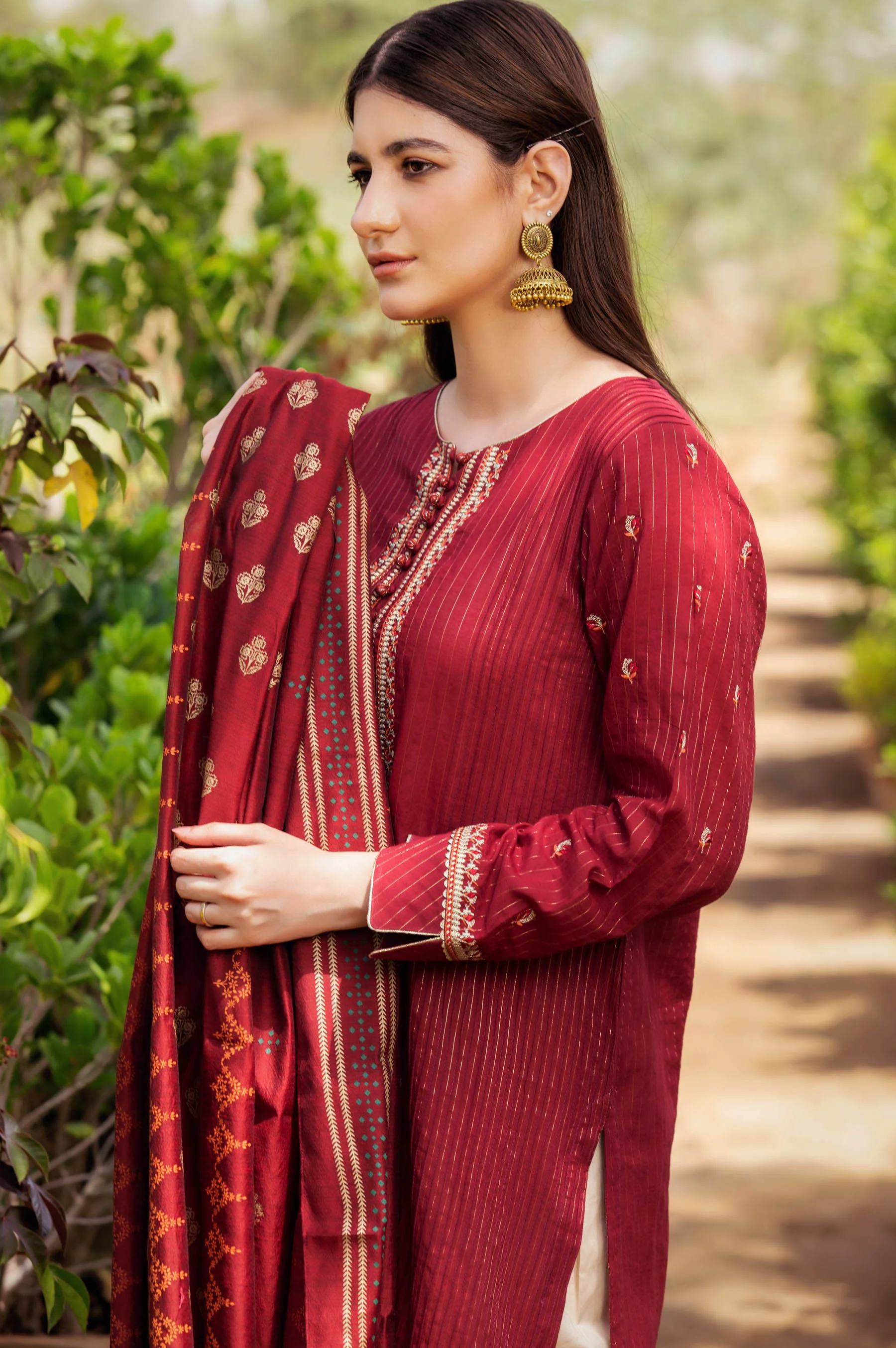 Stitched 2 Piece Embroidered Zari Stripe Suit - Image 3