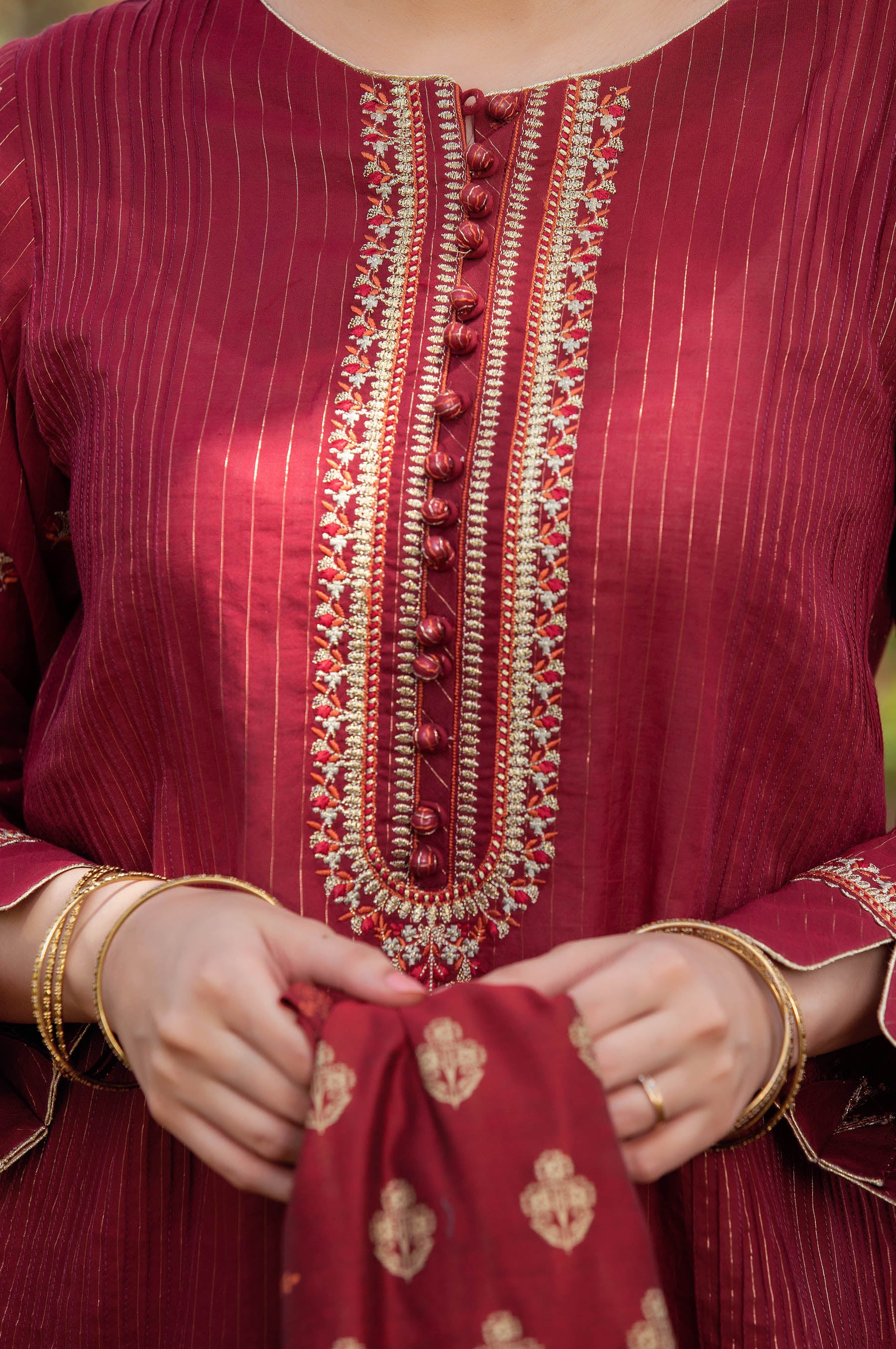 Stitched 2 Piece Embroidered Zari Stripe Suit - Image 4