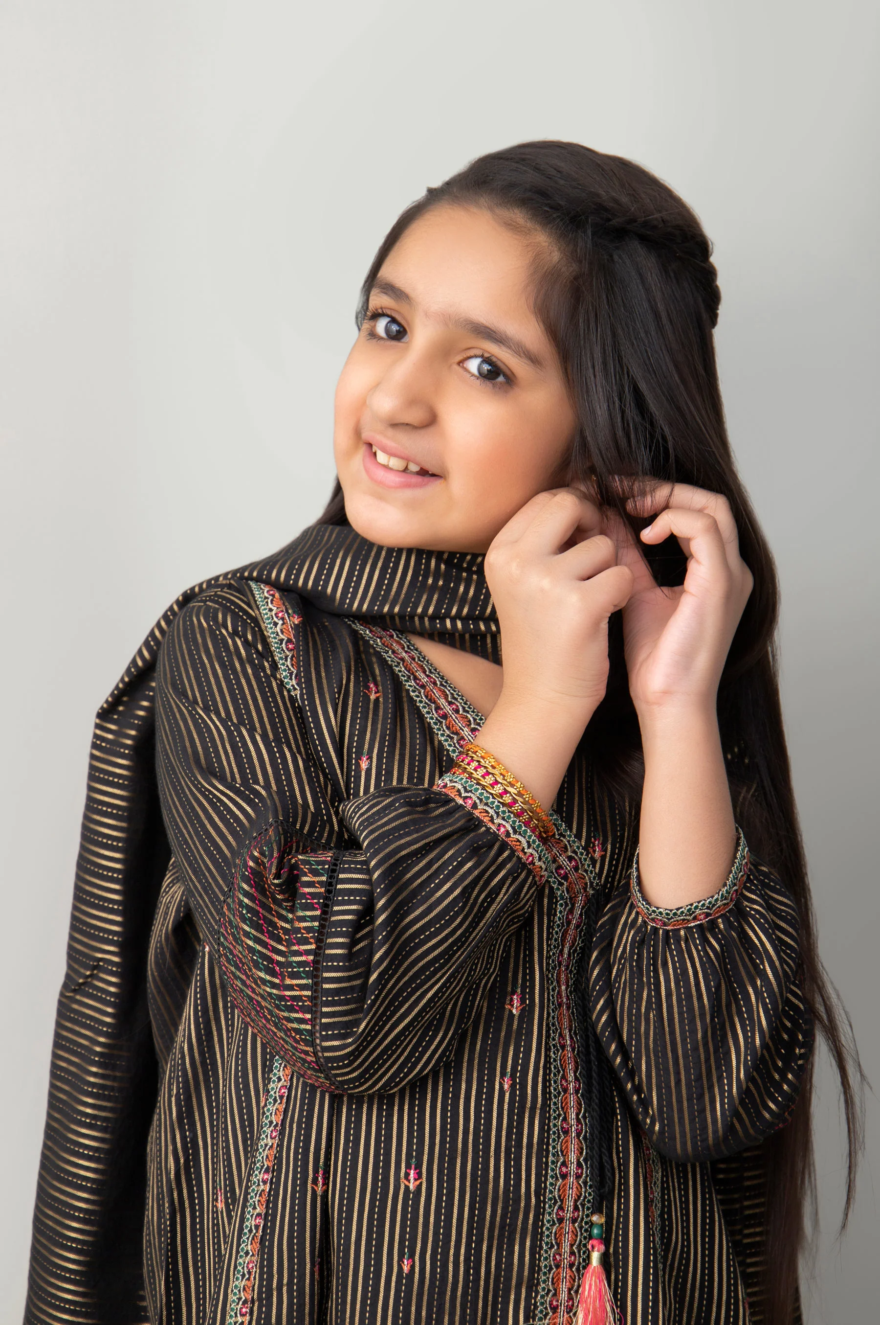 Stitched 2 Piece Embroidered Zari Stripe Junior Suit - Image 2