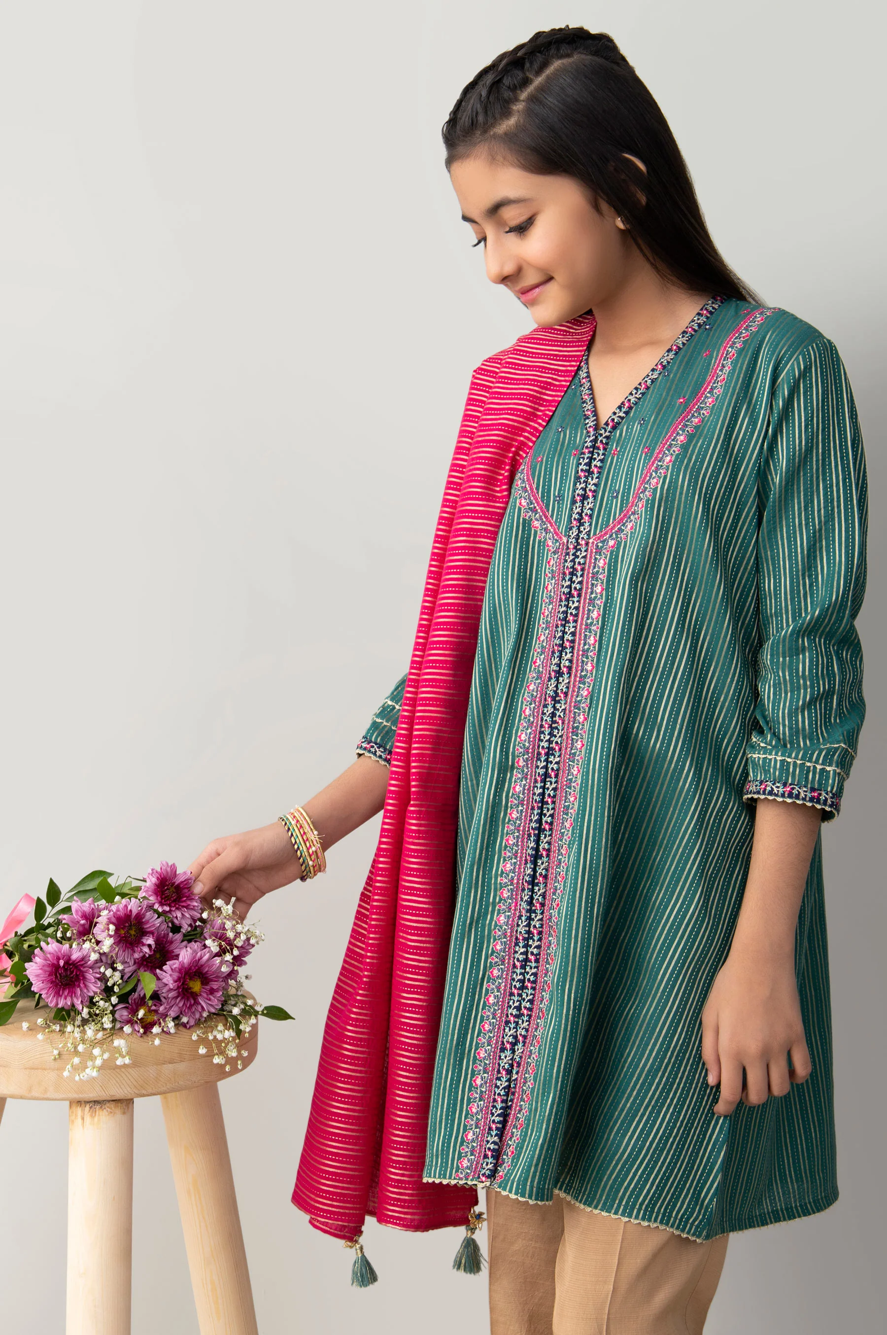 Stitched 2 Piece Embroidered Zari Stripe Junior Suit - Image 4