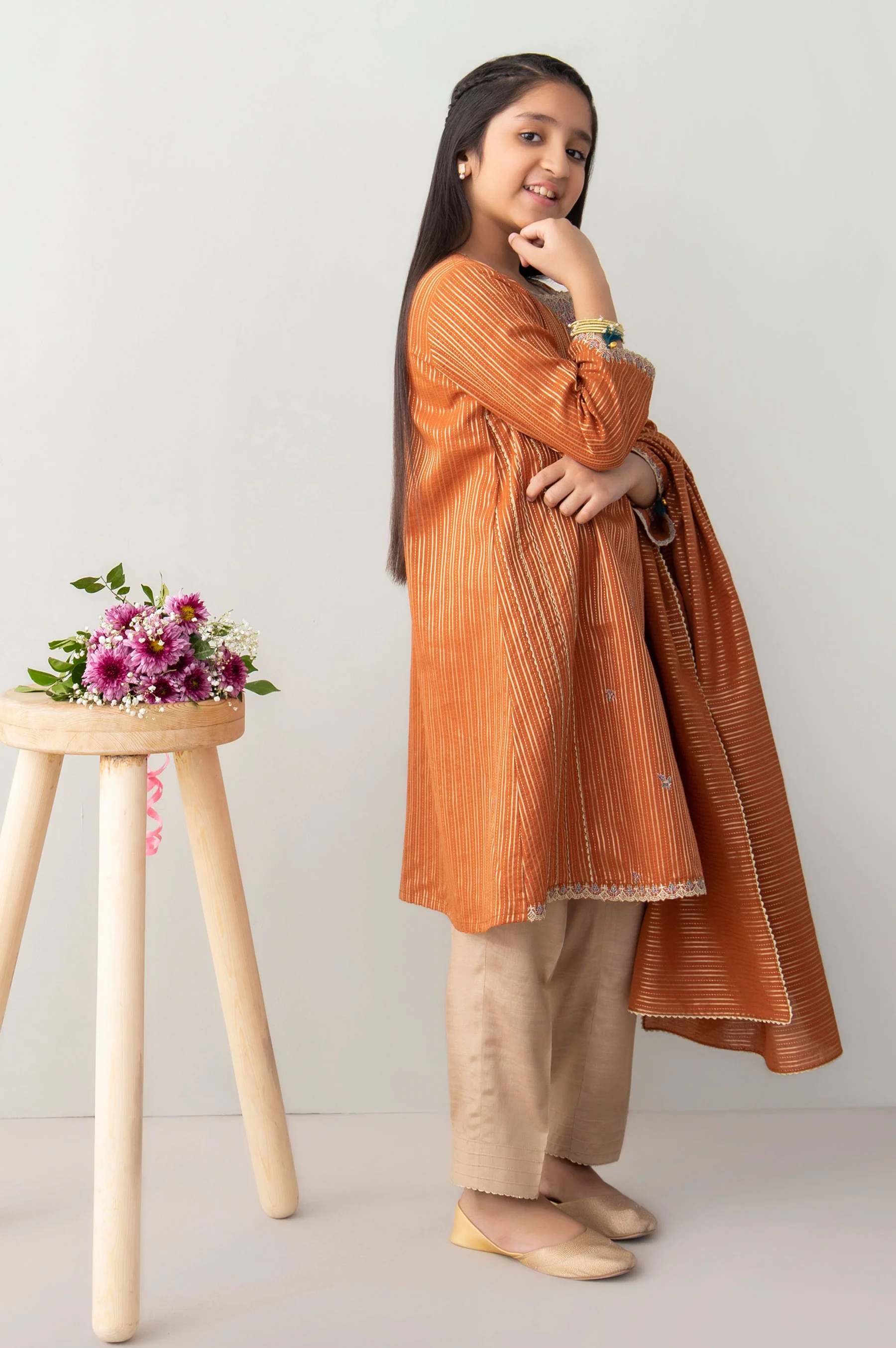 Stitched 2 Piece Embroidered Zari Stripe Junior Suit - Image 3