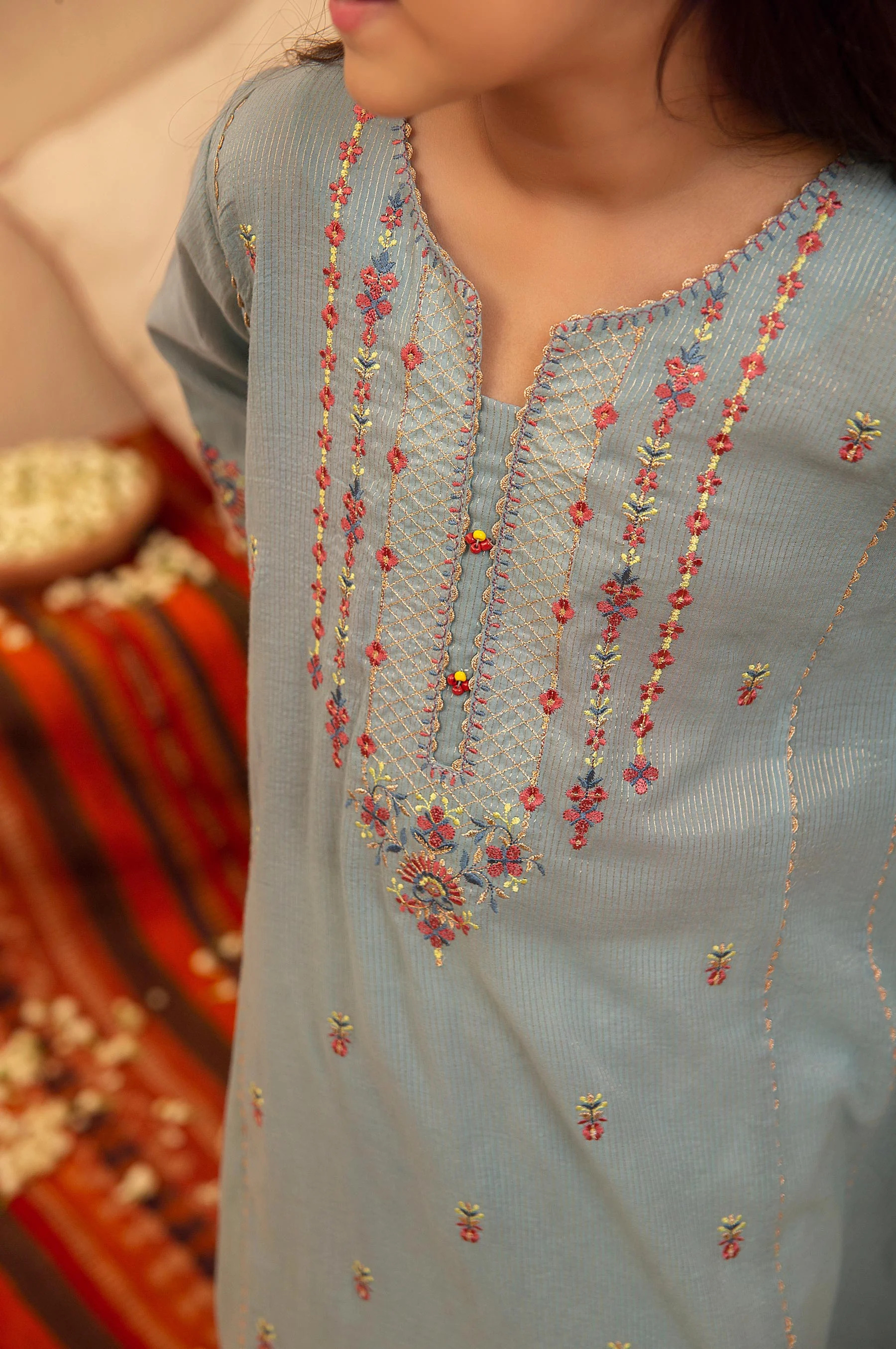 Stitched 2 Piece Embroidered Suit- Zari Stripe - Image 4