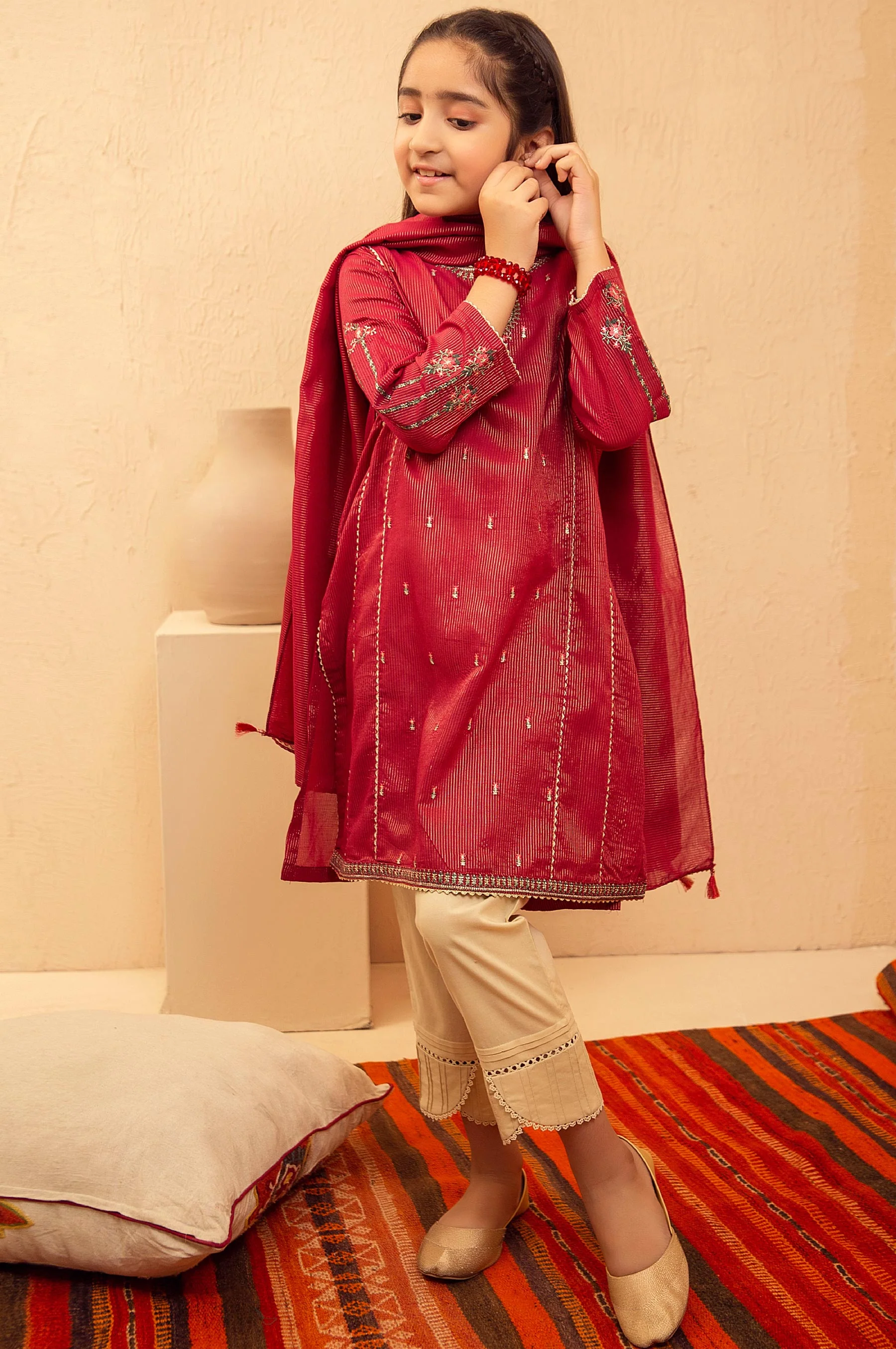 Stitched 2 Piece Embroidered Suit- Zari Stripe - Image 3