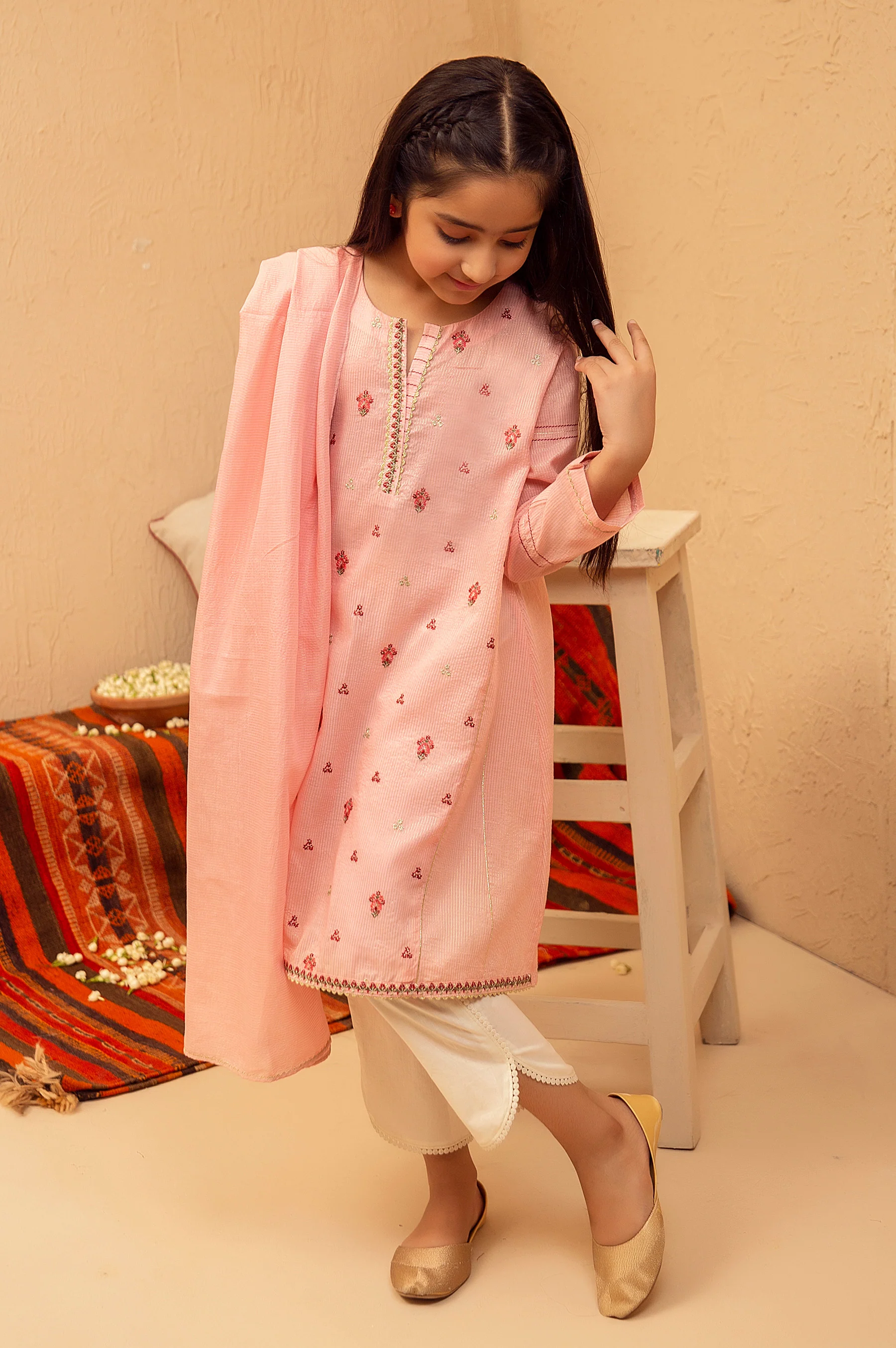 Stitched 2 Piece Embroidered Suit- Zari Stripe - Image 5