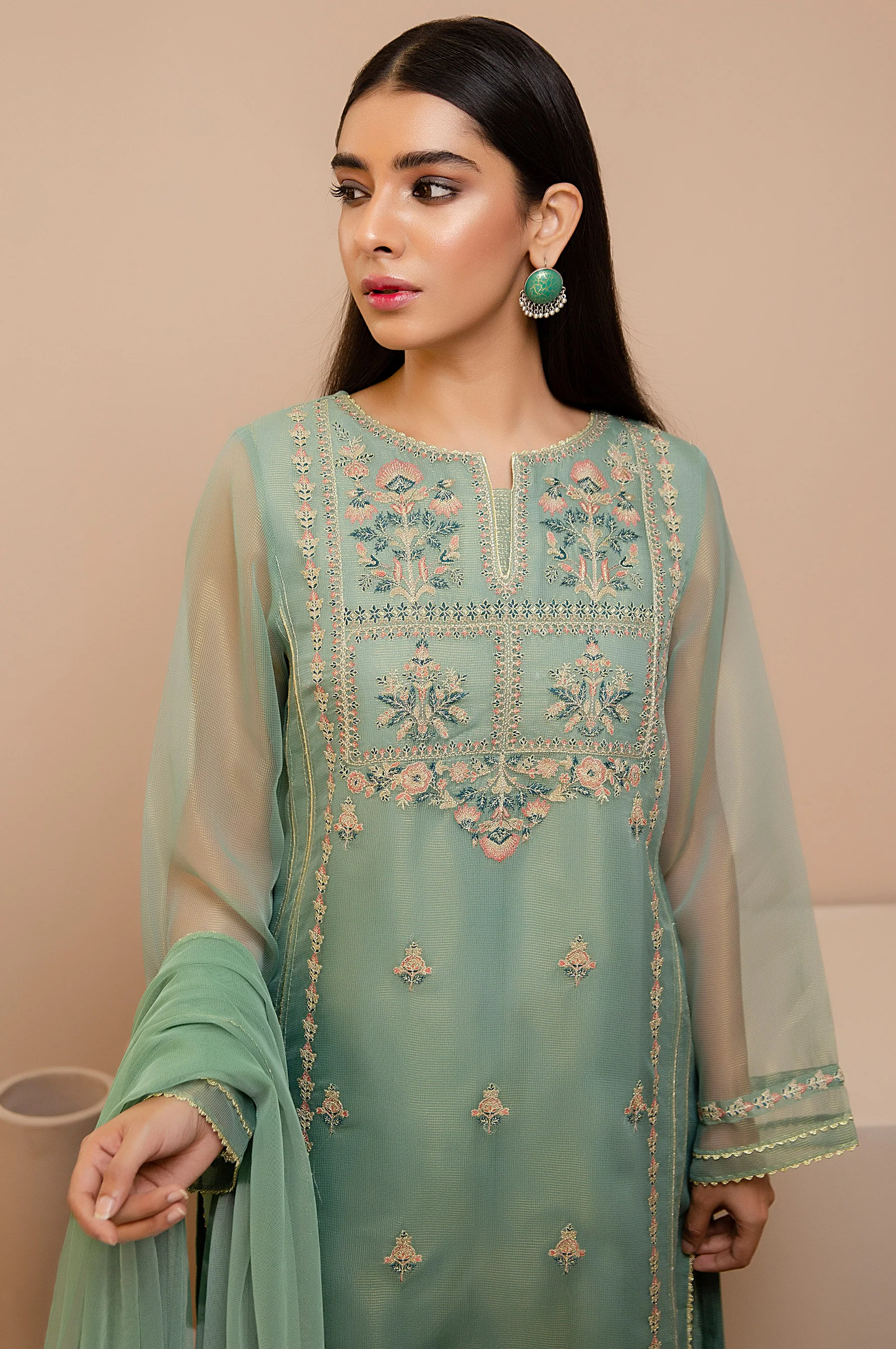 Stitched 3 Piece Check Organza Embroidered Suit