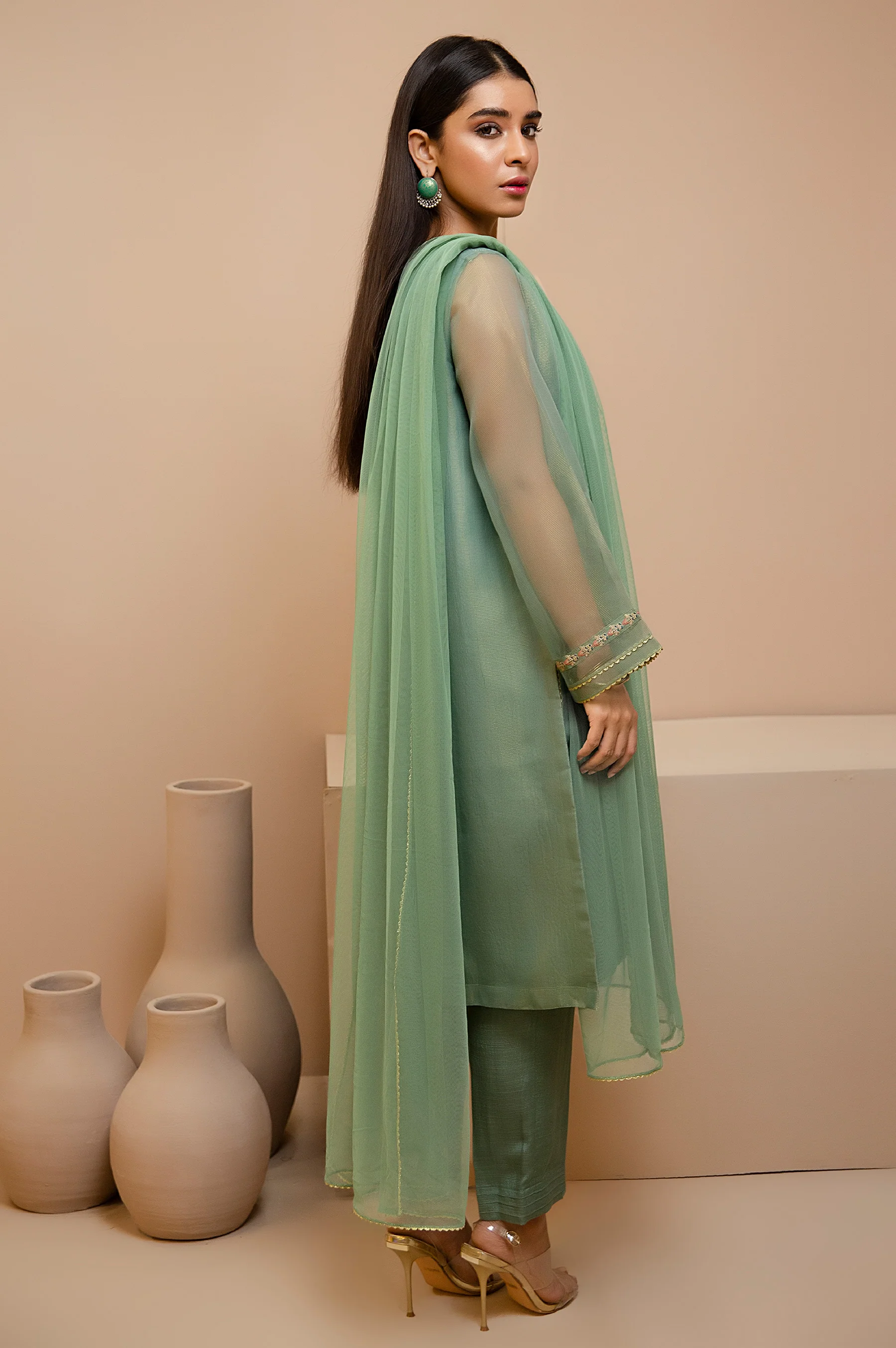 Stitched 3 Piece Check Organza Embroidered Suit - Image 3