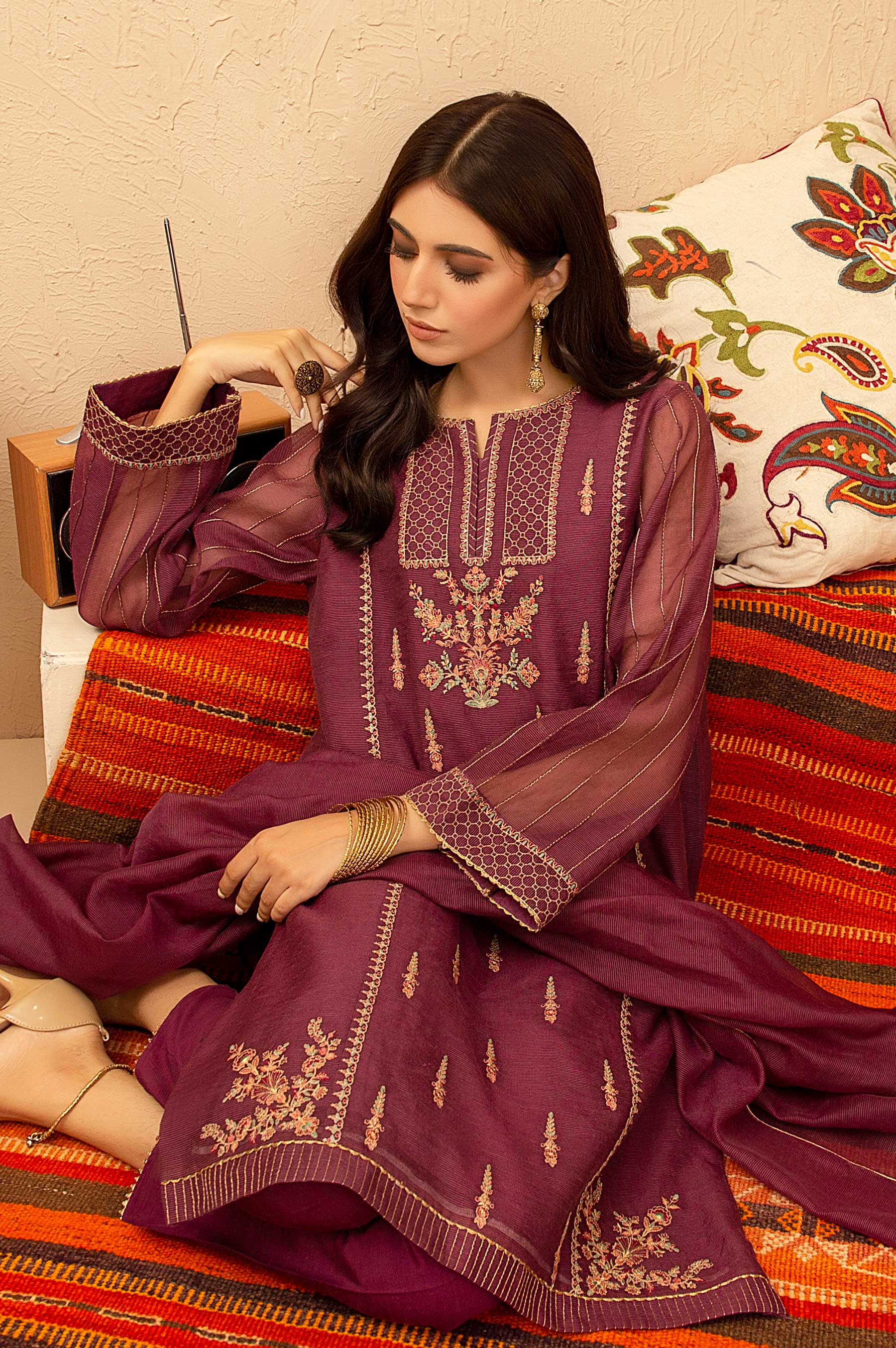 Stitched 3 Piece Checkered Organza Embroidered Suit