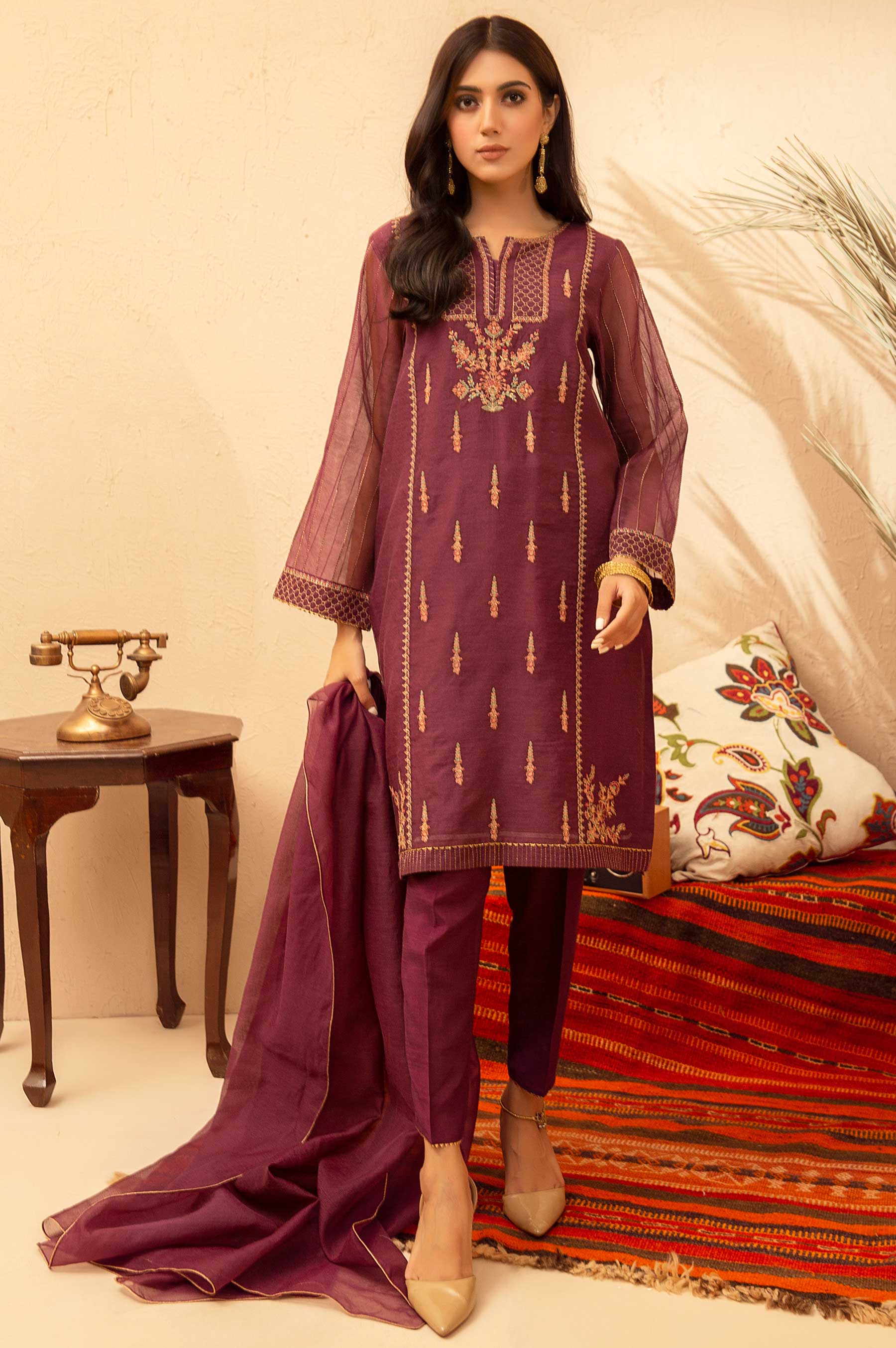 Stitched 3 Piece Checkered Organza Embroidered Suit - Image 2