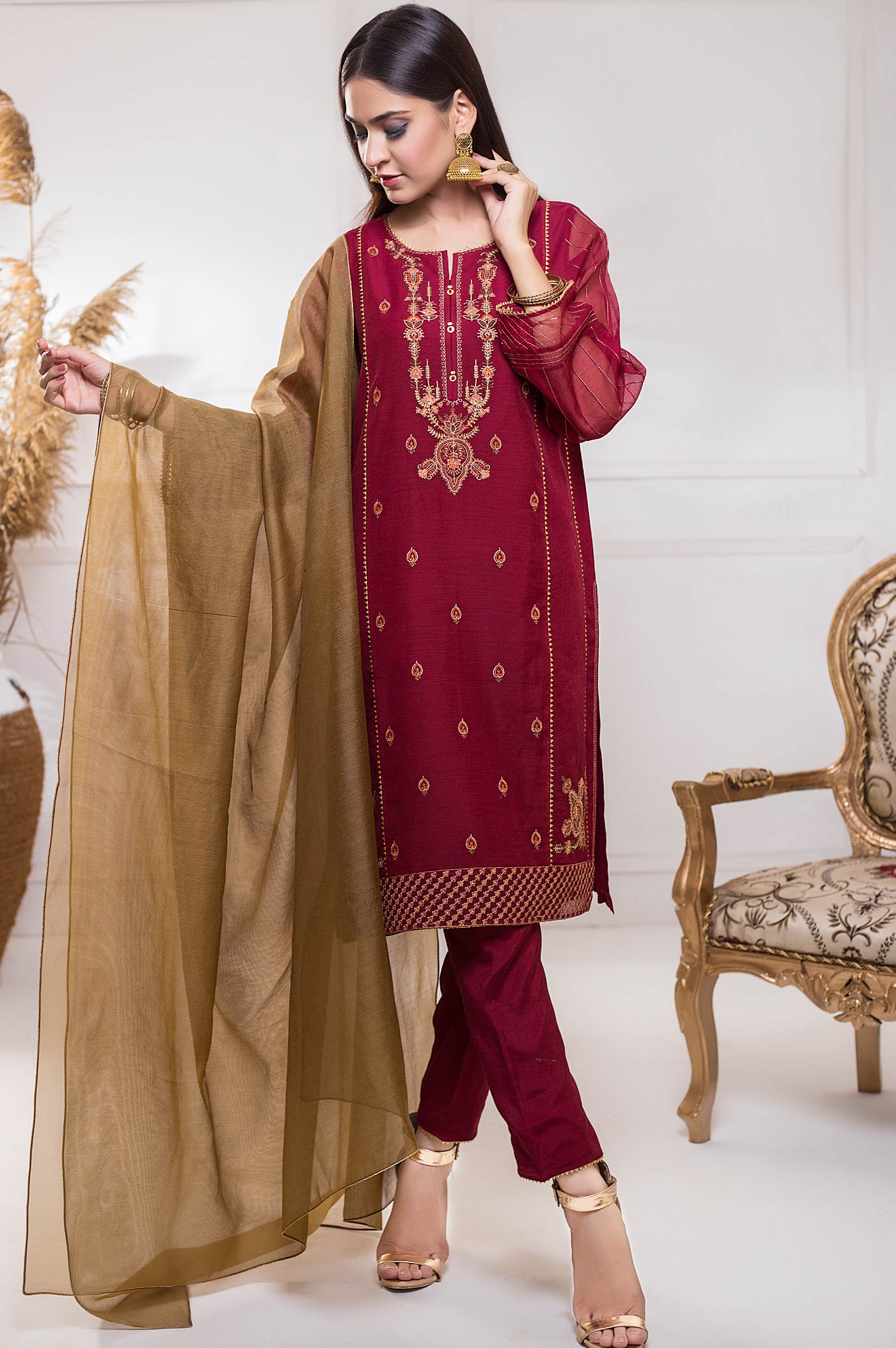 Stitched 3 Piece Checkered Organza Embroidered Suit