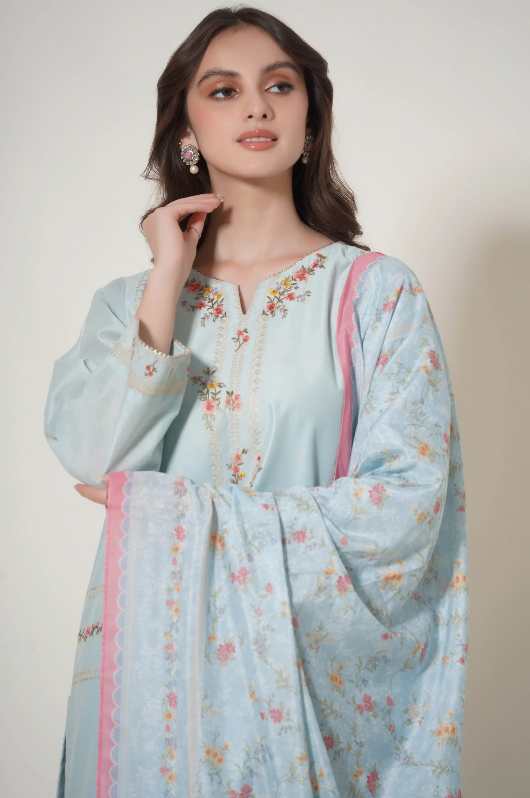 Stitched 3 Piece Cotton Net Embroidered Outfit - Image 4