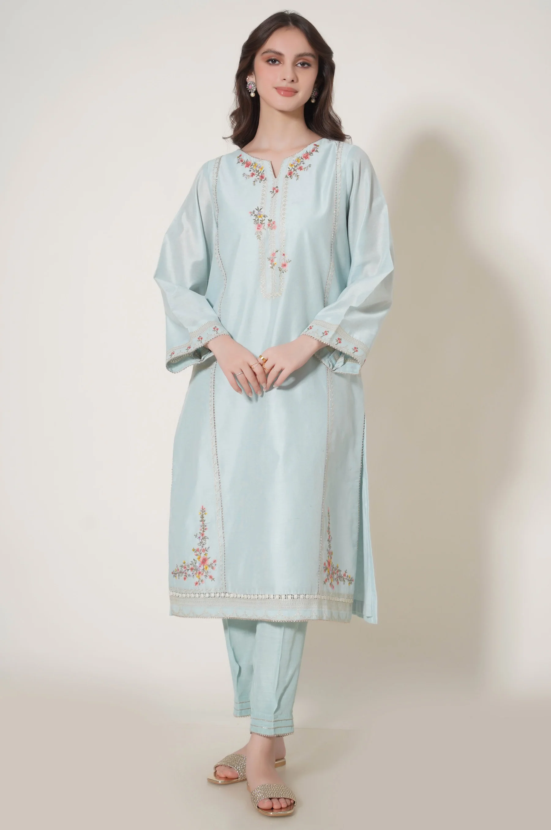 Stitched 3 Piece Cotton Net Embroidered Outfit - Image 5