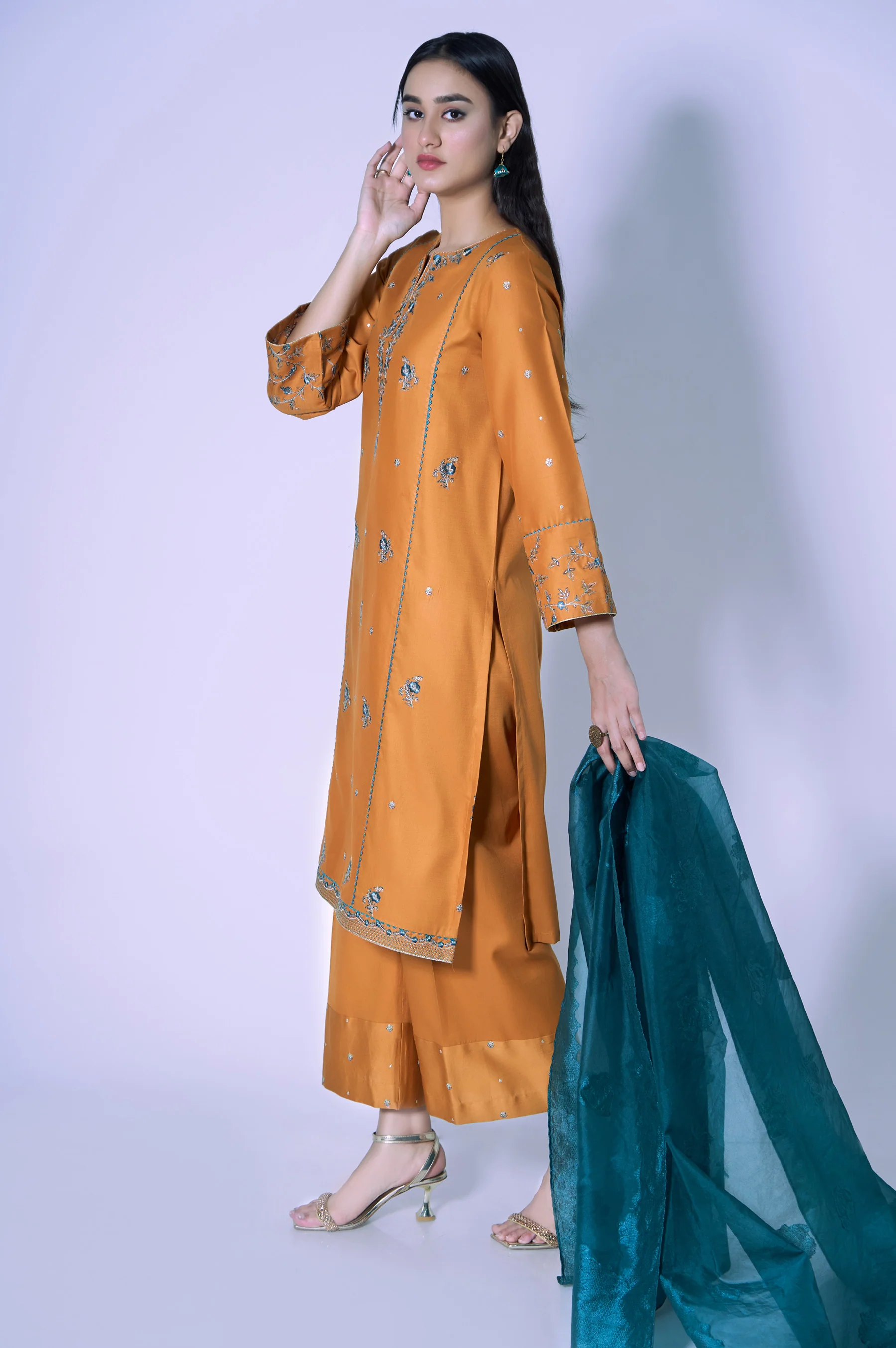 Stitched 3 Piece Cotton Satin Embroidered Outfit. - Image 3