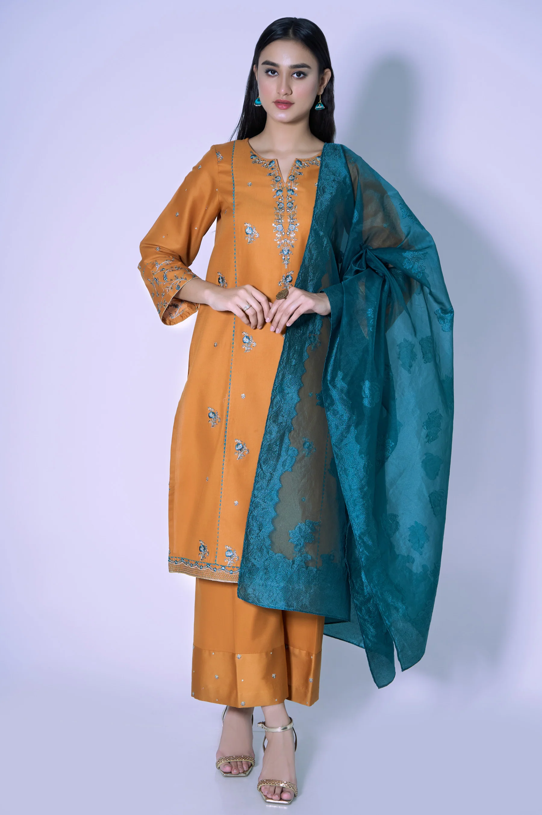 Stitched 3 Piece Cotton Satin Embroidered Outfit. - Image 4