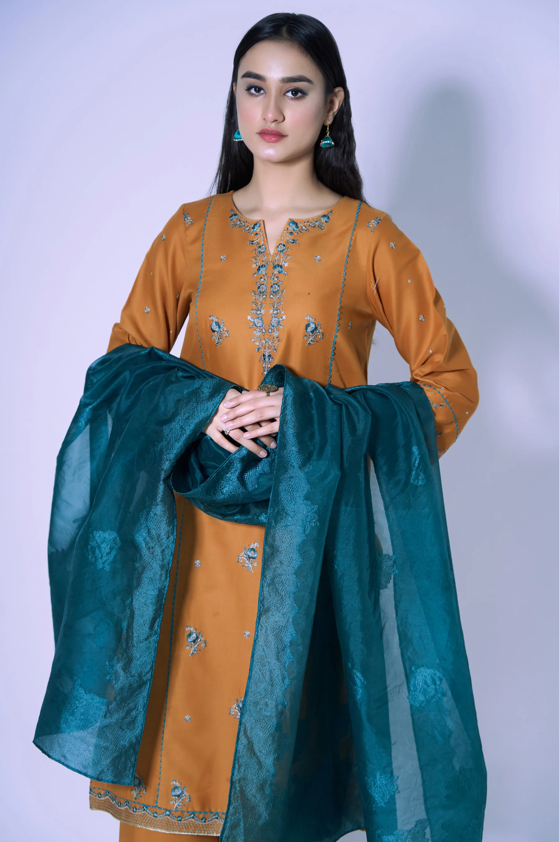 Stitched 3 Piece Cotton Satin Embroidered Outfit. - Image 5