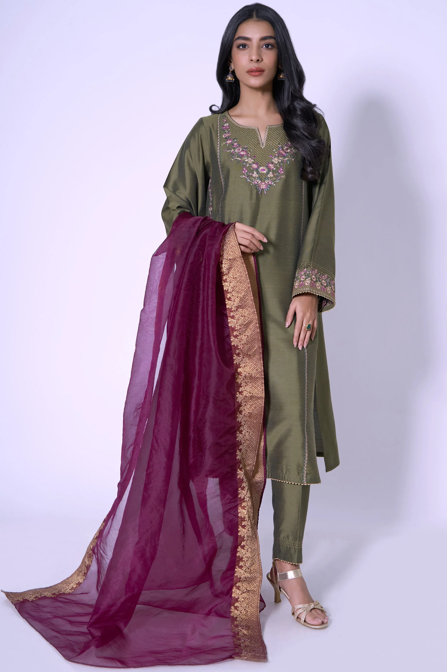 Stitched 3 Piece Cotton Silk Embroidered Outfit - Image 2