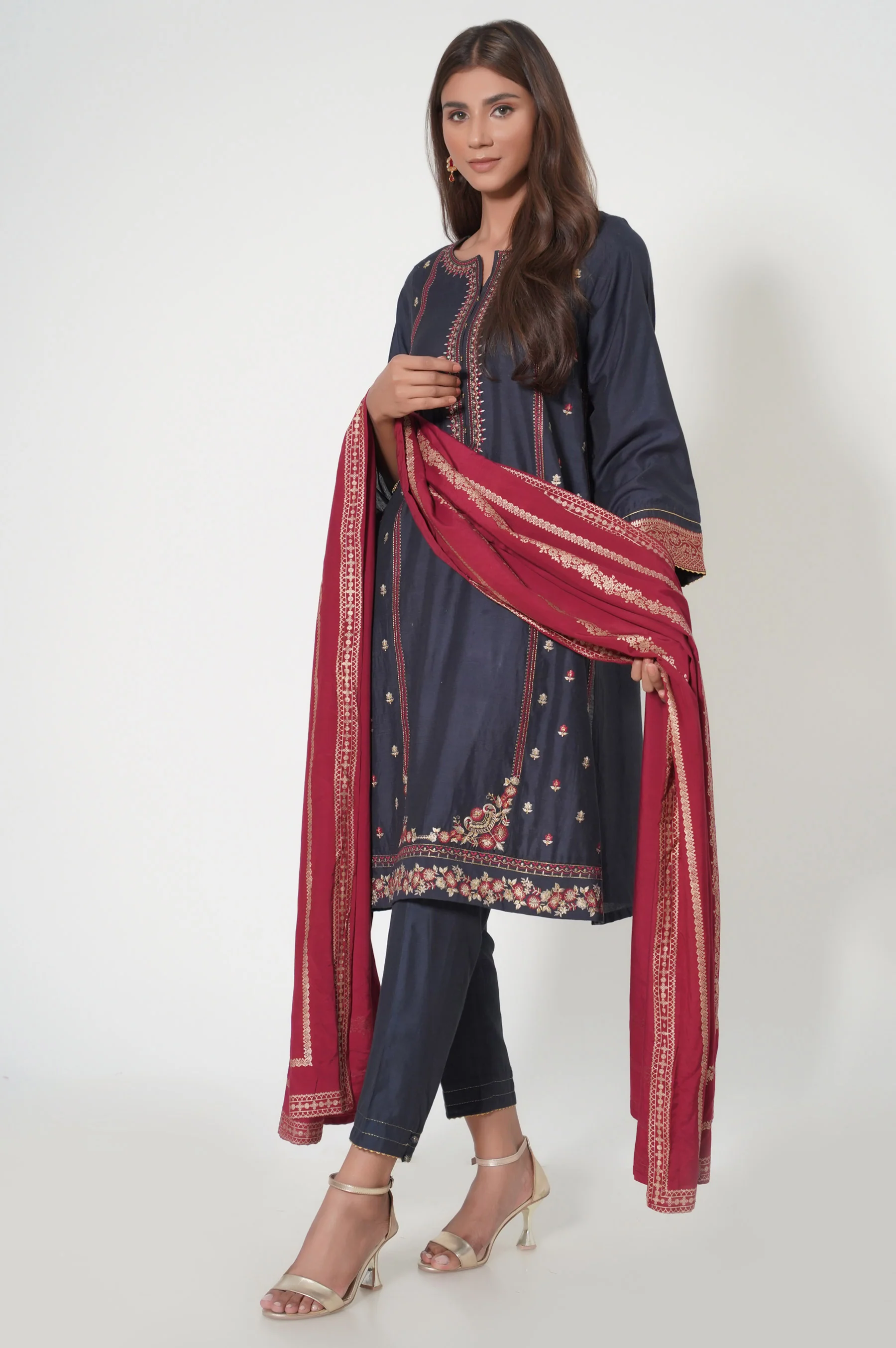 Stitched 3 Piece Cotton Silk Embroidered Outfit - Image 4