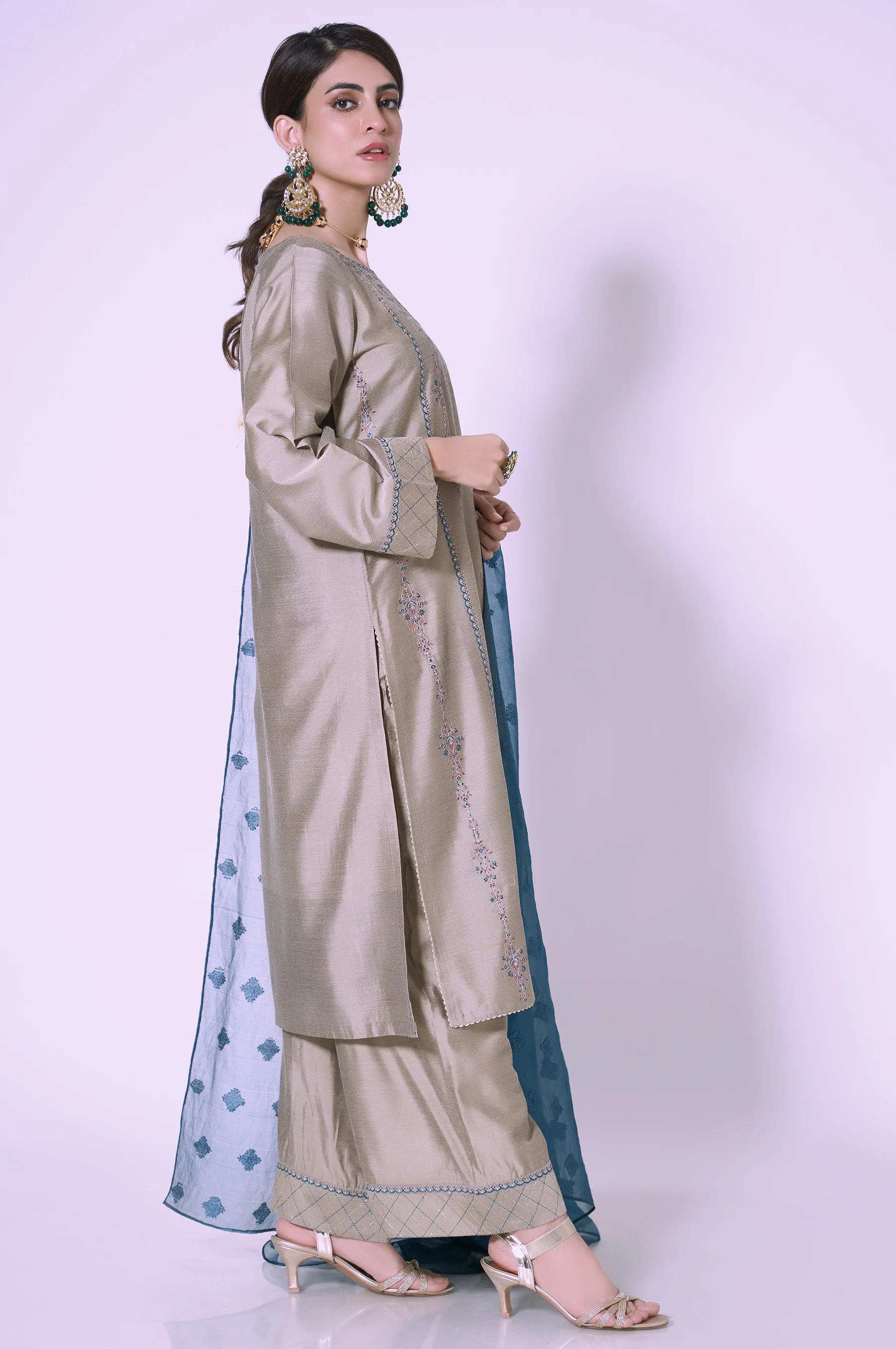 Stitched 3 Piece Cotton Silk Embroidered Outfit - Image 3