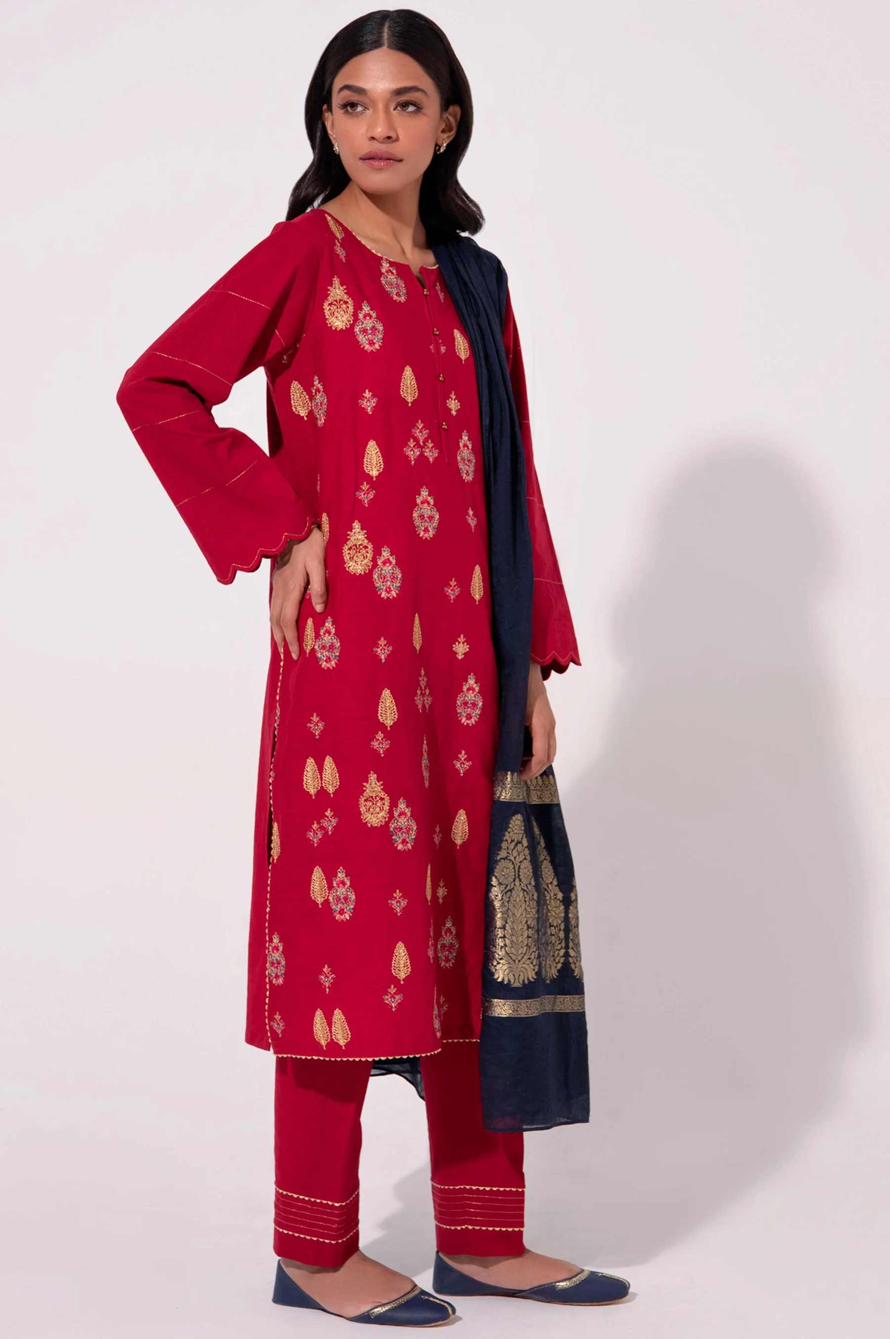 Stitched 3 Piece Cotton Slub Embroidered Outfit - Image 3