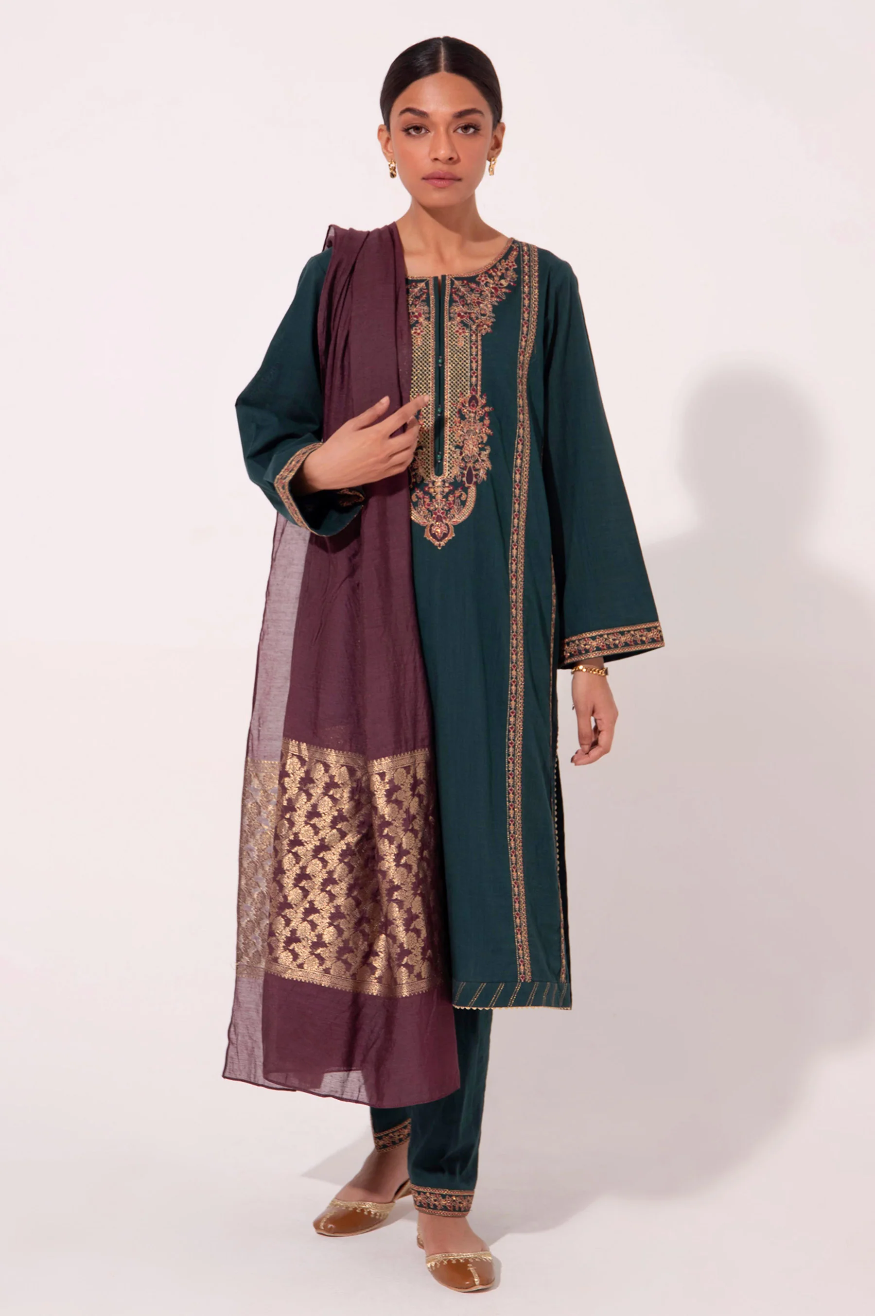 Stitched 3 Piece Cotton Slub Embroidered Outfit
