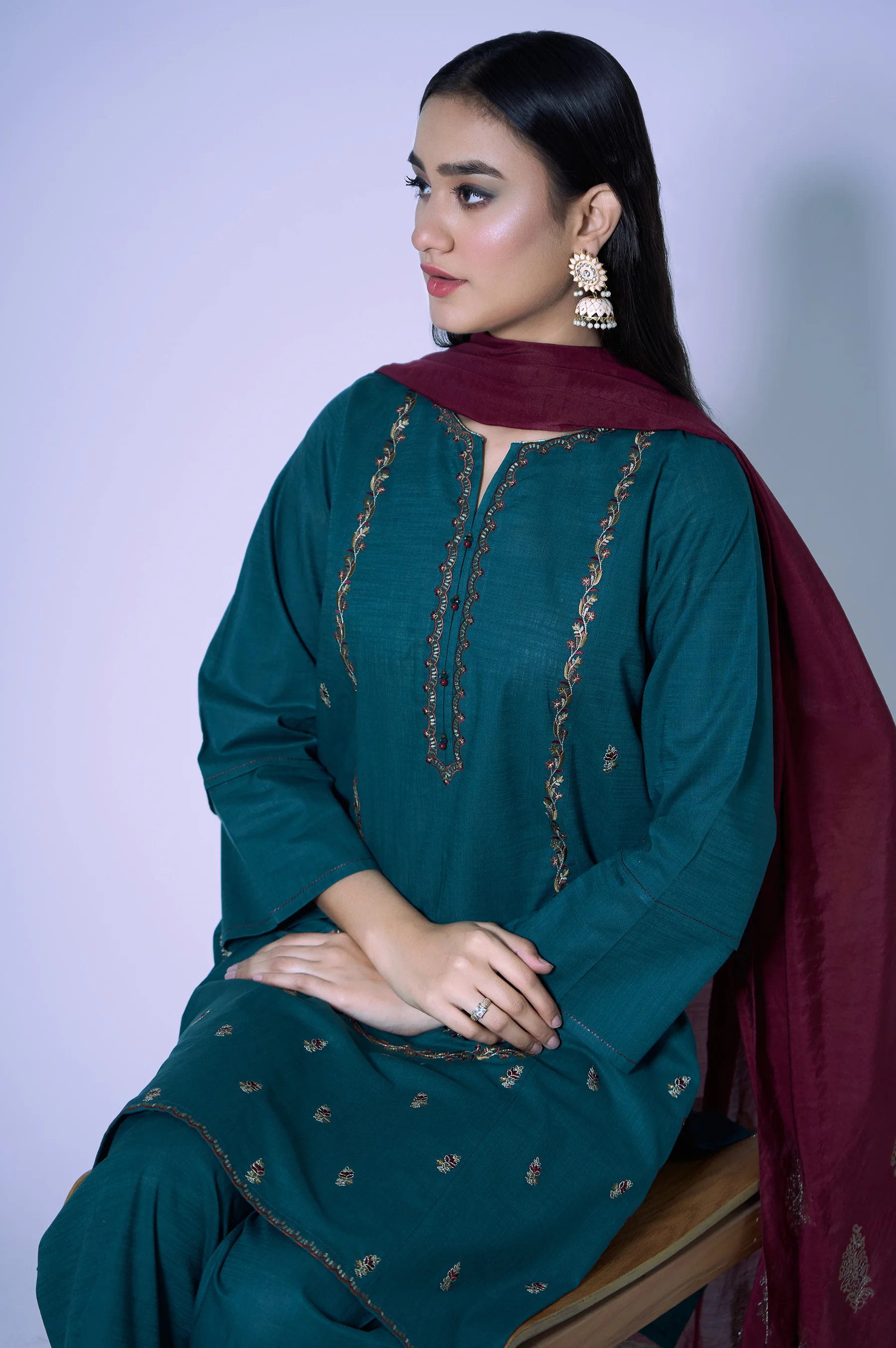 Stitched 3 Piece Cotton Slub Embroidered Outfit - Image 2