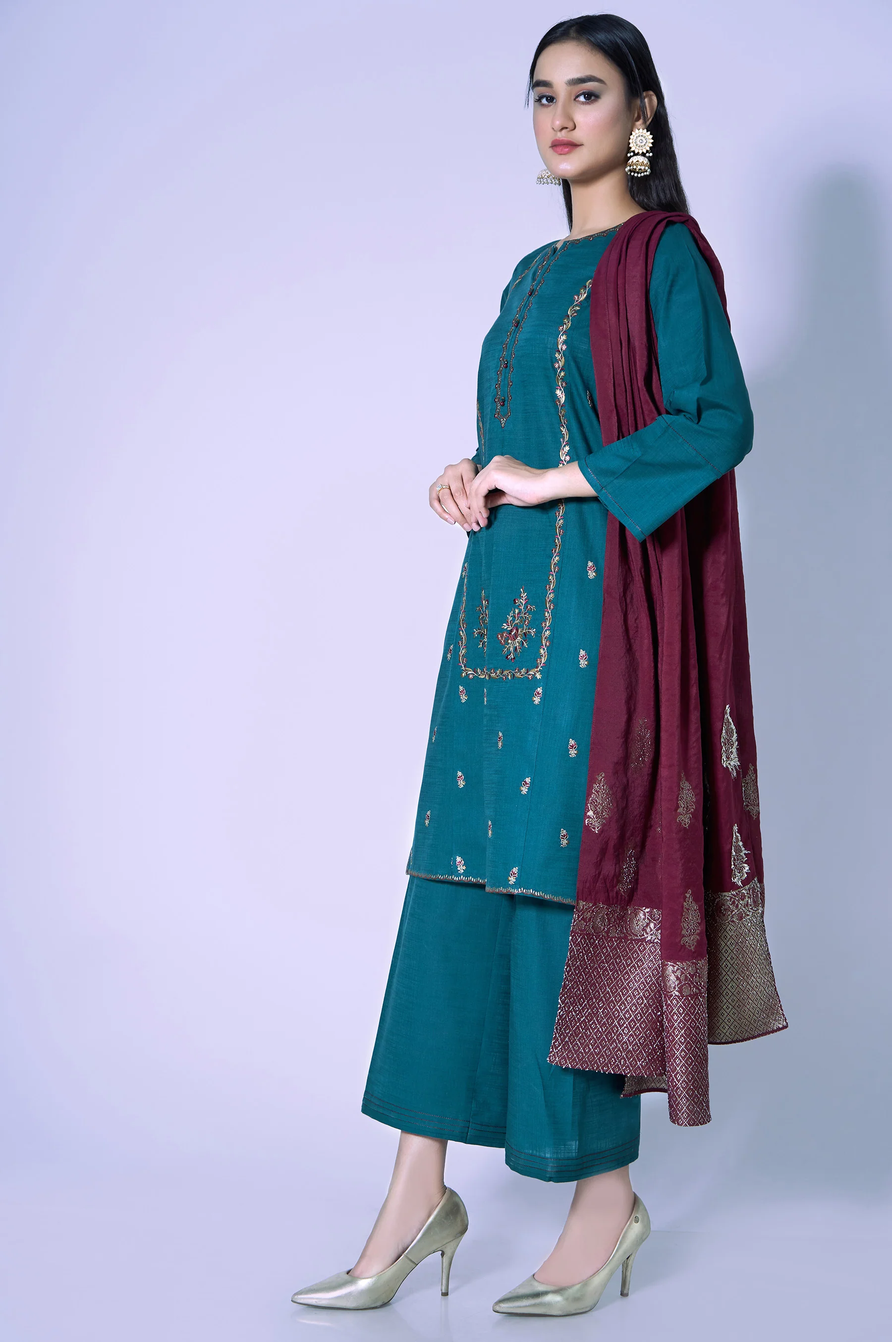 Stitched 3 Piece Cotton Slub Embroidered Outfit - Image 3
