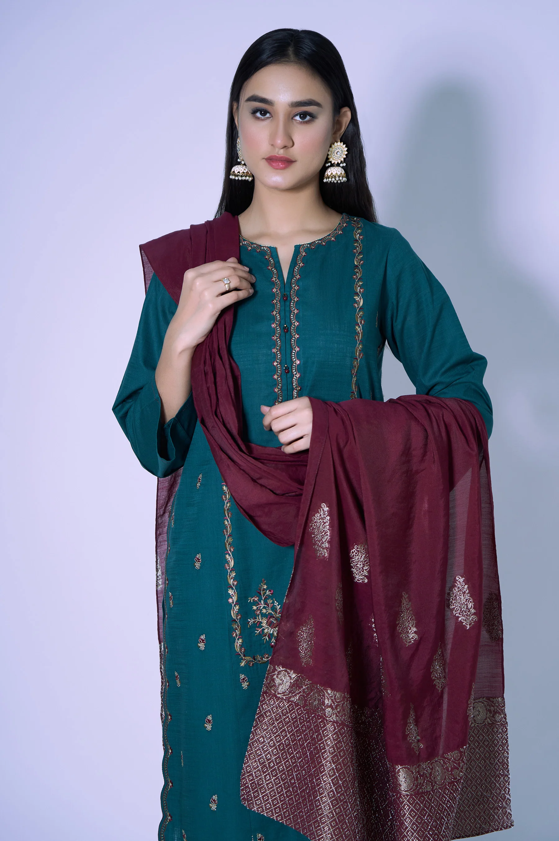 Stitched 3 Piece Cotton Slub Embroidered Outfit - Image 4