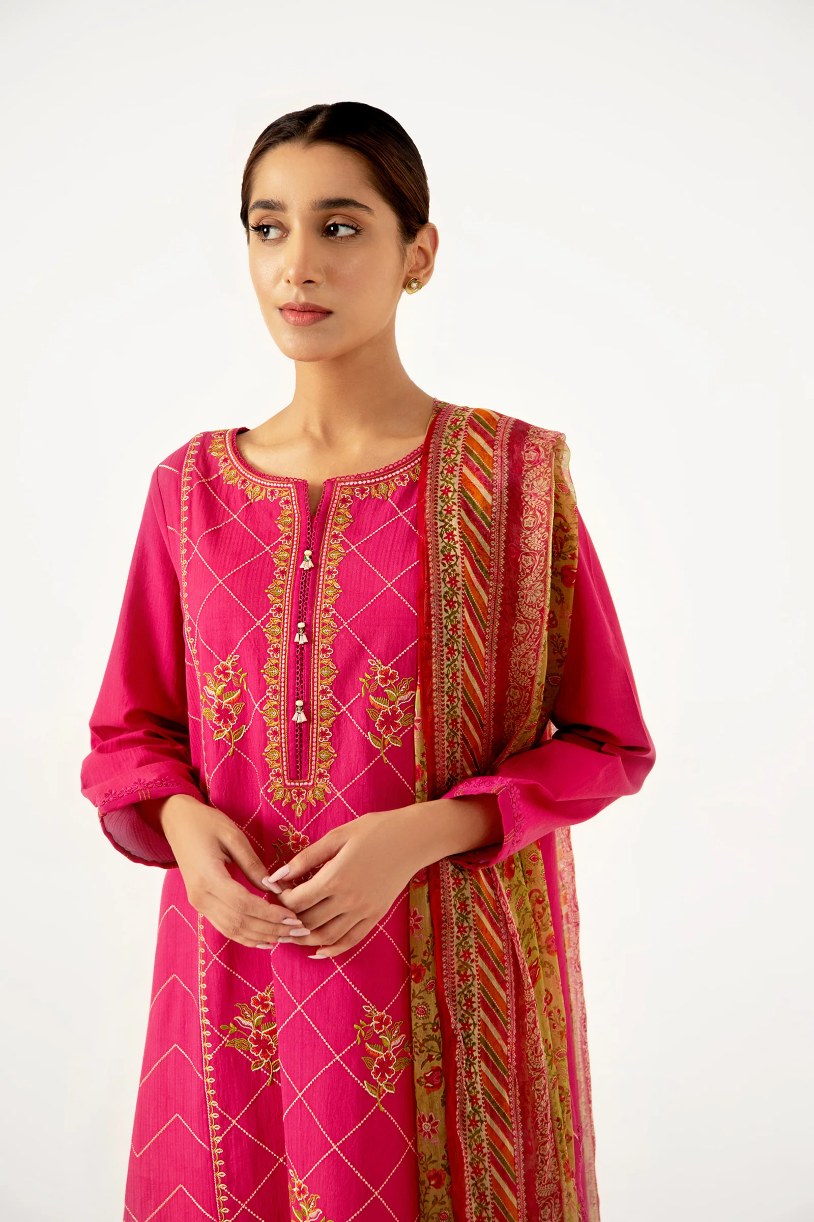 Stitched 3 Piece Dyed Doria Lawn with Chiffon Suit - Image 2