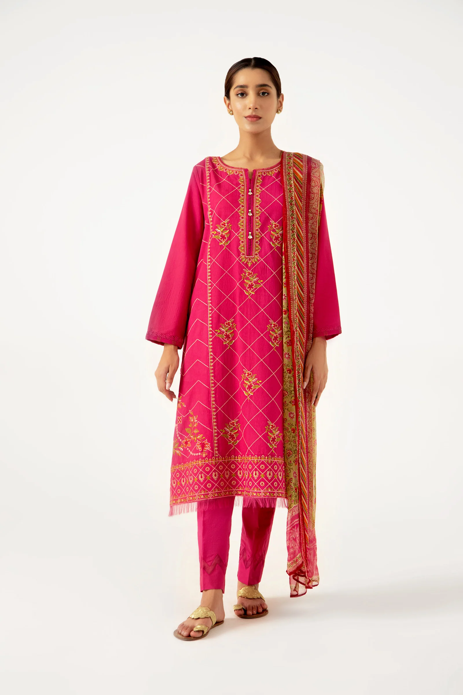 Stitched 3 Piece Dyed Doria Lawn with Chiffon Suit - Image 3