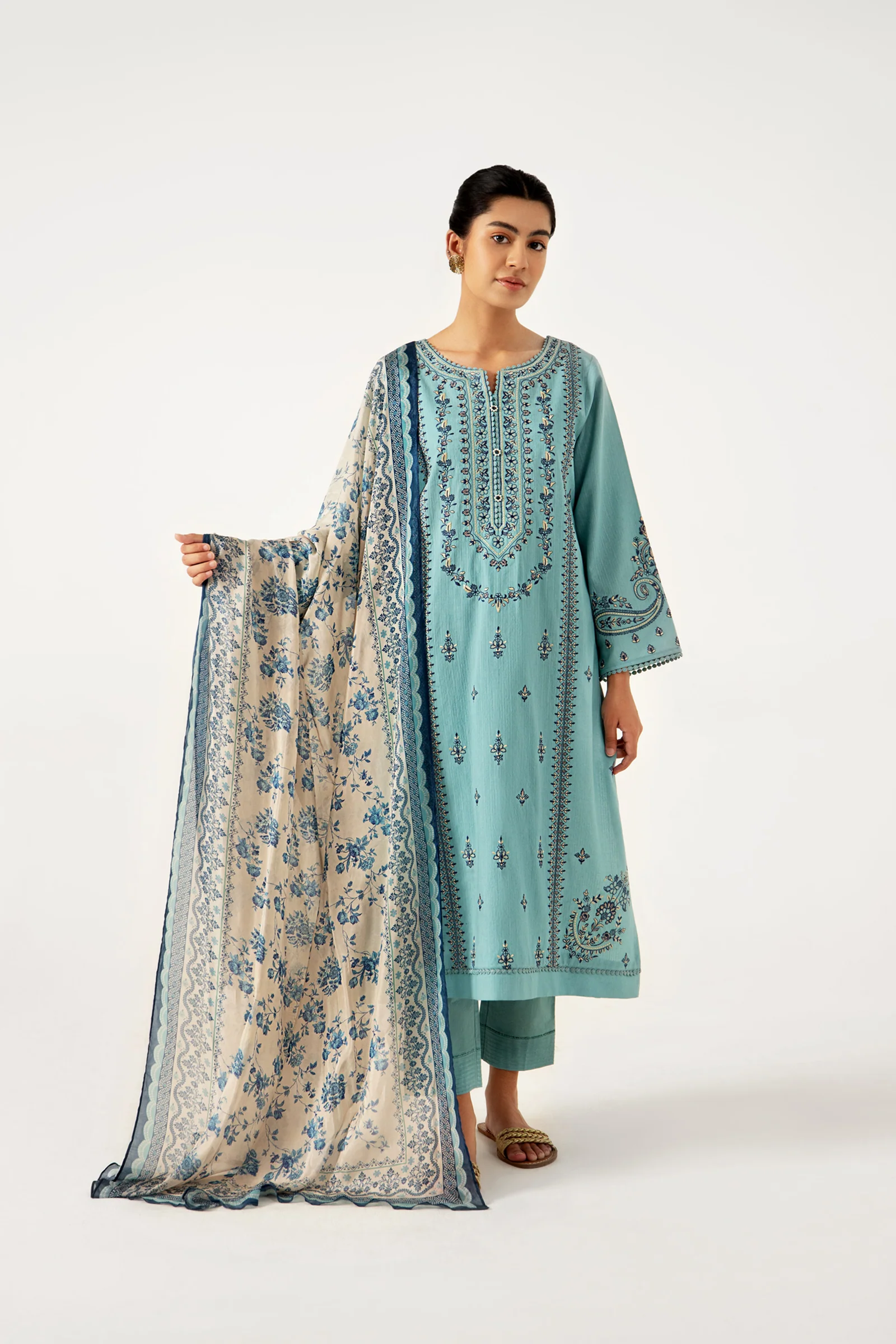 Stitched 3 Piece Dyed Doria Lawn with Tissue Silk Suit - Image 4