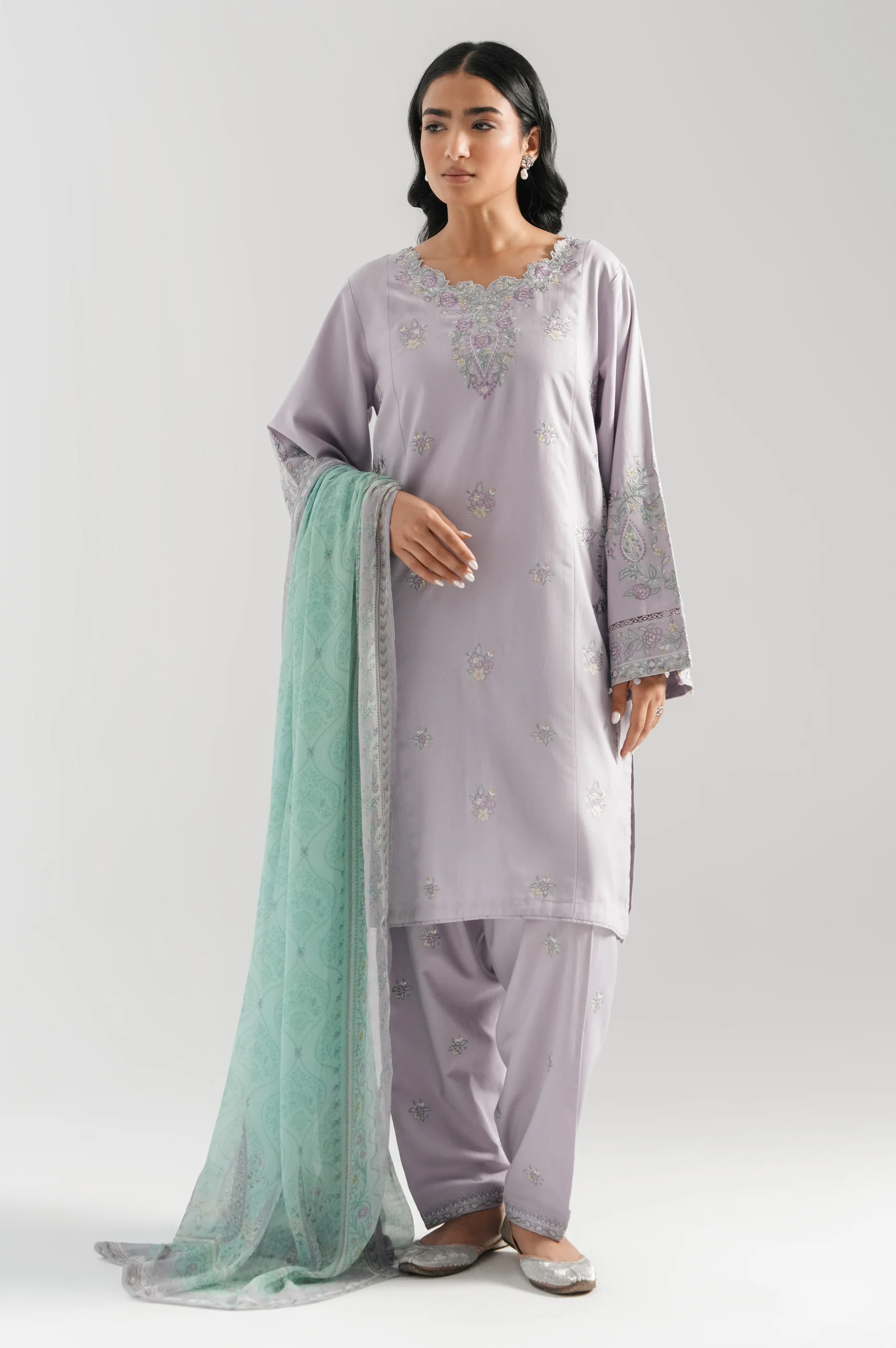 STITCHED EMBROIDERED COTTON LINEN SUIT