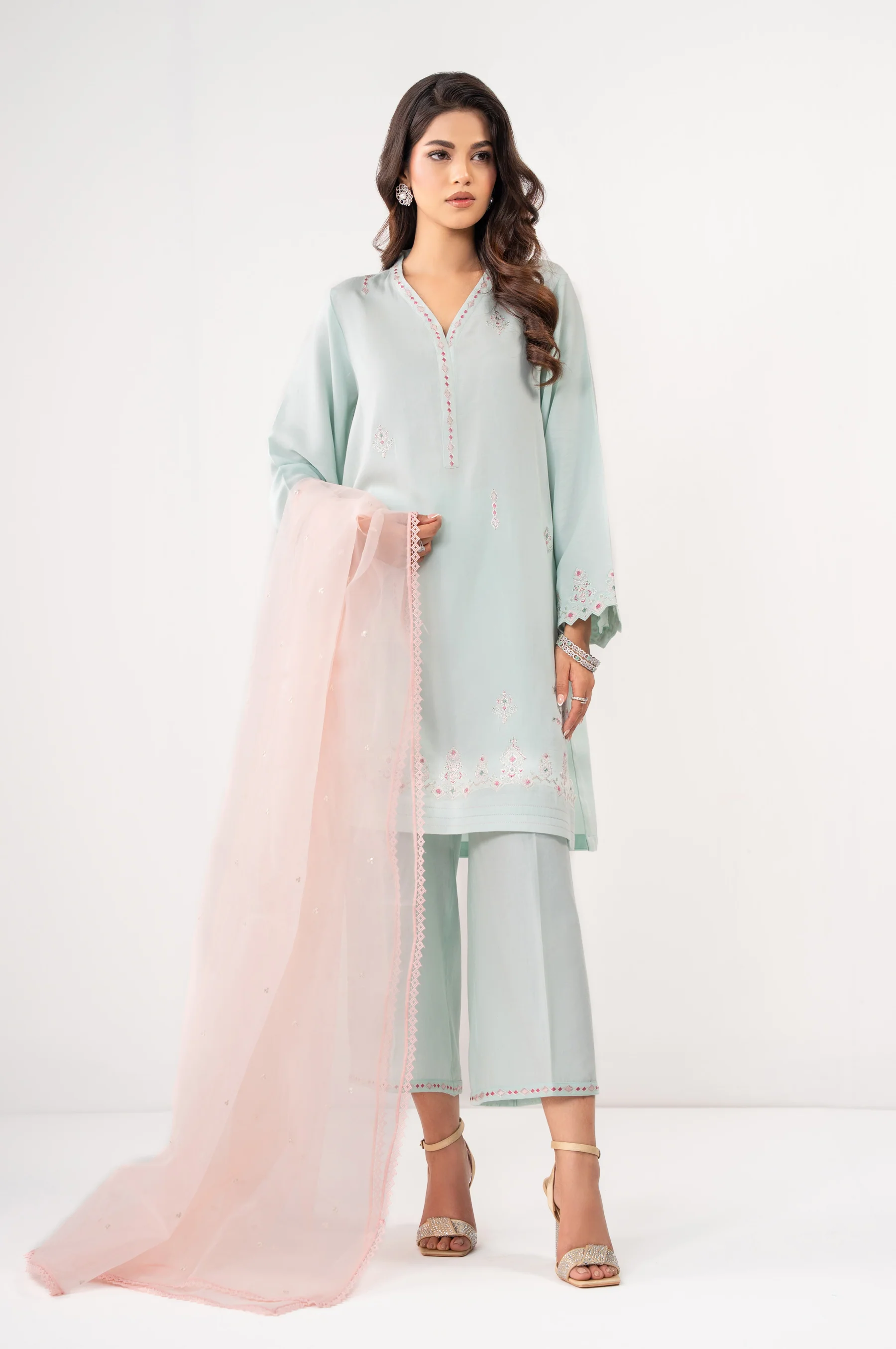 STITCHED EMBROIDERED COTTON SATIN SUIT